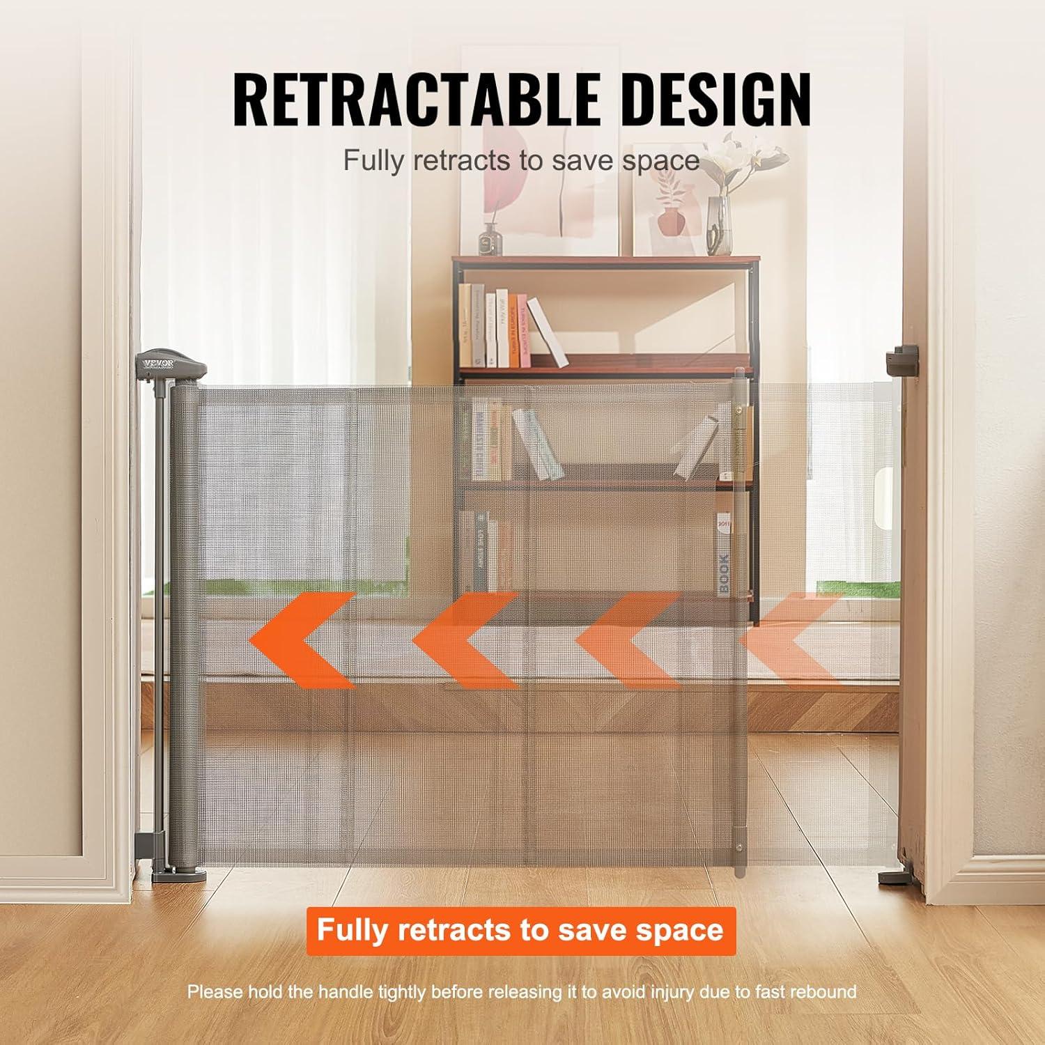 Gray Retractable Mesh Pet and Baby Gate for Stairs