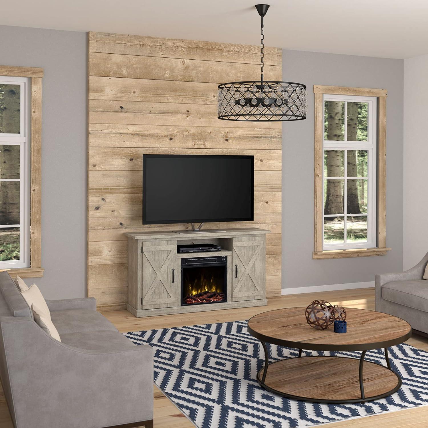 Ashland Pine TV Stand with Electric Fireplace and Cabinets