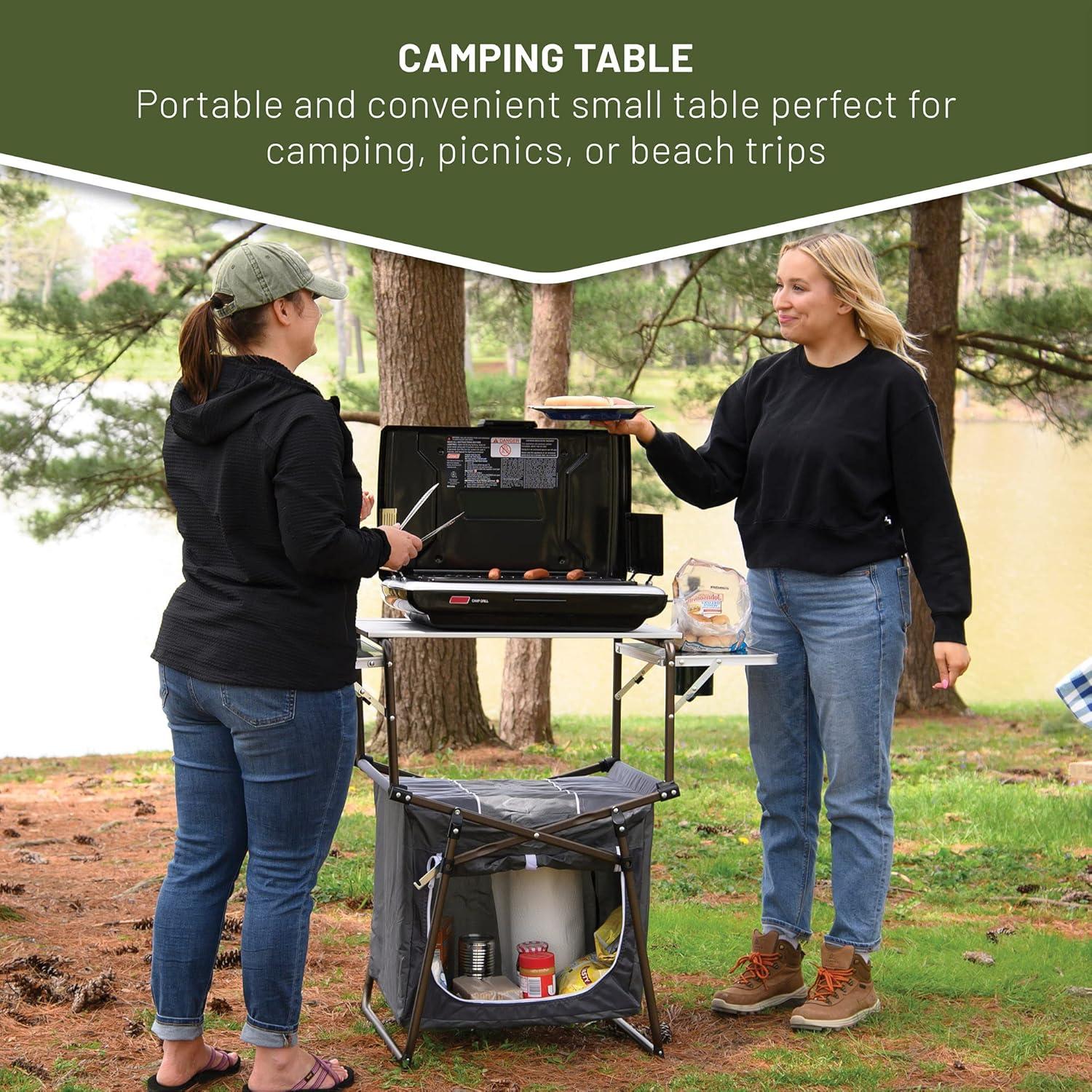 TIMBER RIDGE Folding Camping Kitchen Table – Lightweight Aluminum Cook Station with Storage & Carry Bag, Portable BBQ Grill Table, Gray.