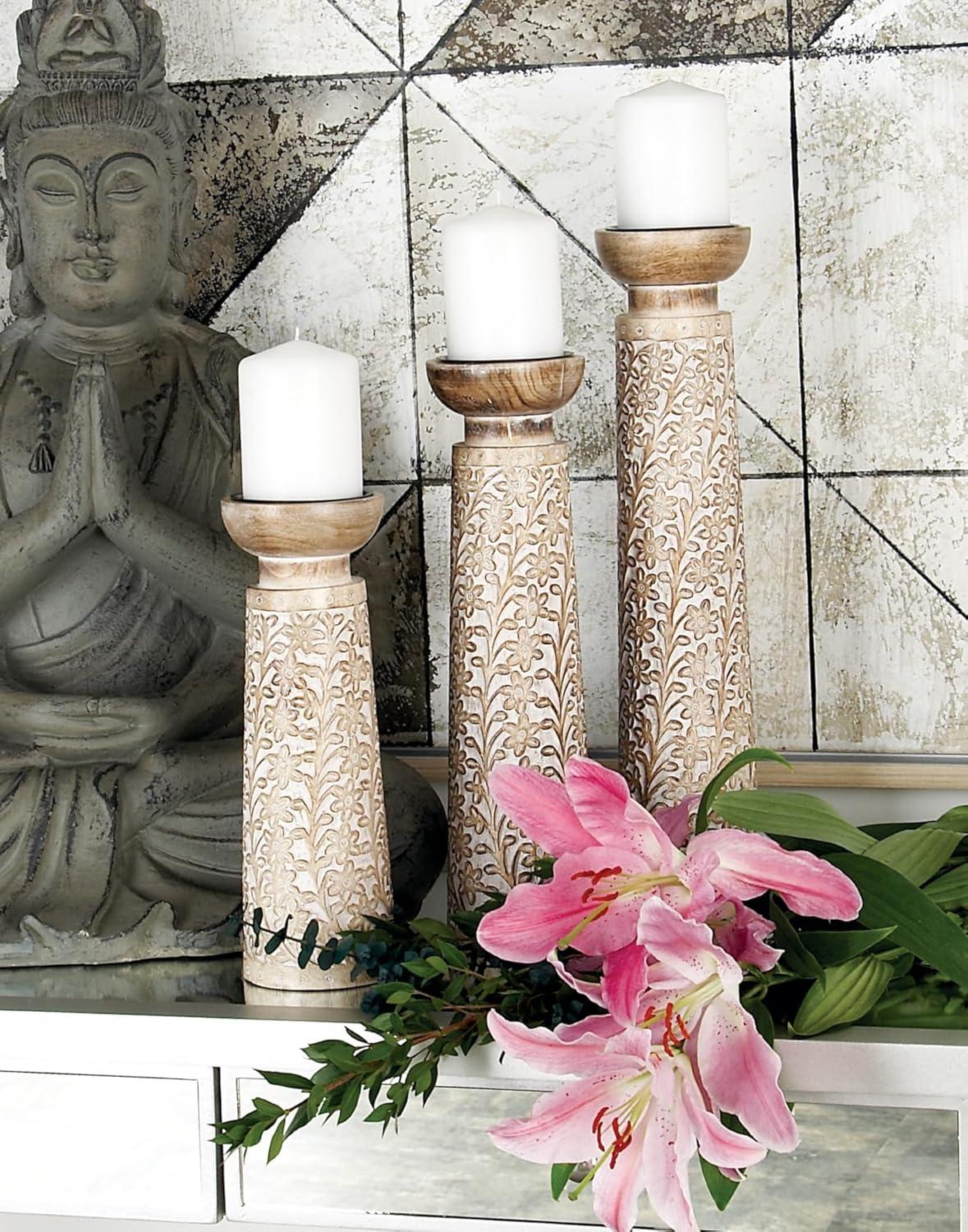 Gracie Oaks Mango Wood Floral Handmade Decorative Candle Holder Carved Pillar Candle Stand With Cream Accents, Set Of 3 Candlestick Holder 6", 8", 10"H, Brown