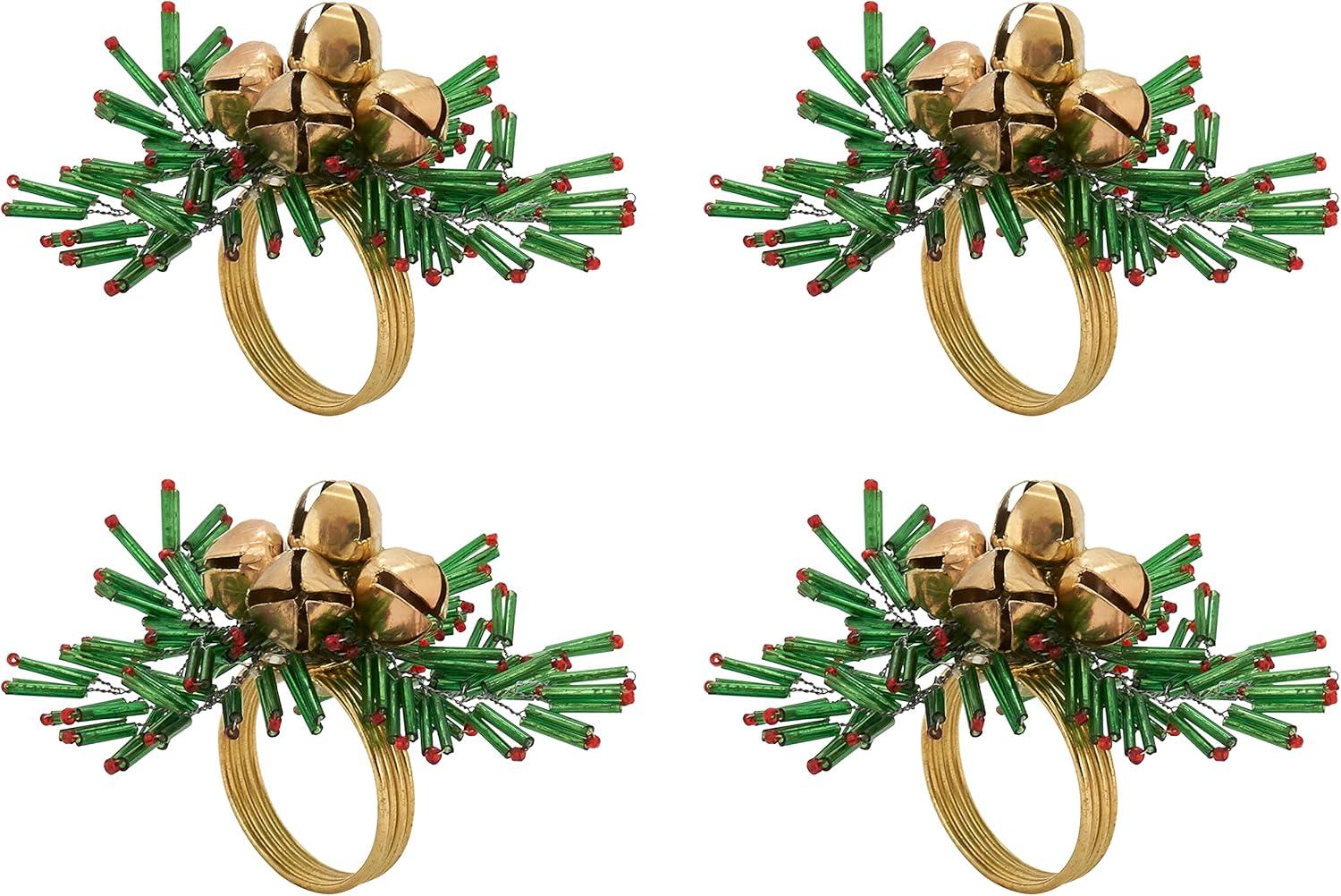Saro Lifestyle Holiday Napkin Rings With Beaded Snowflake and Bells Design (Set of 4), Green, 4"