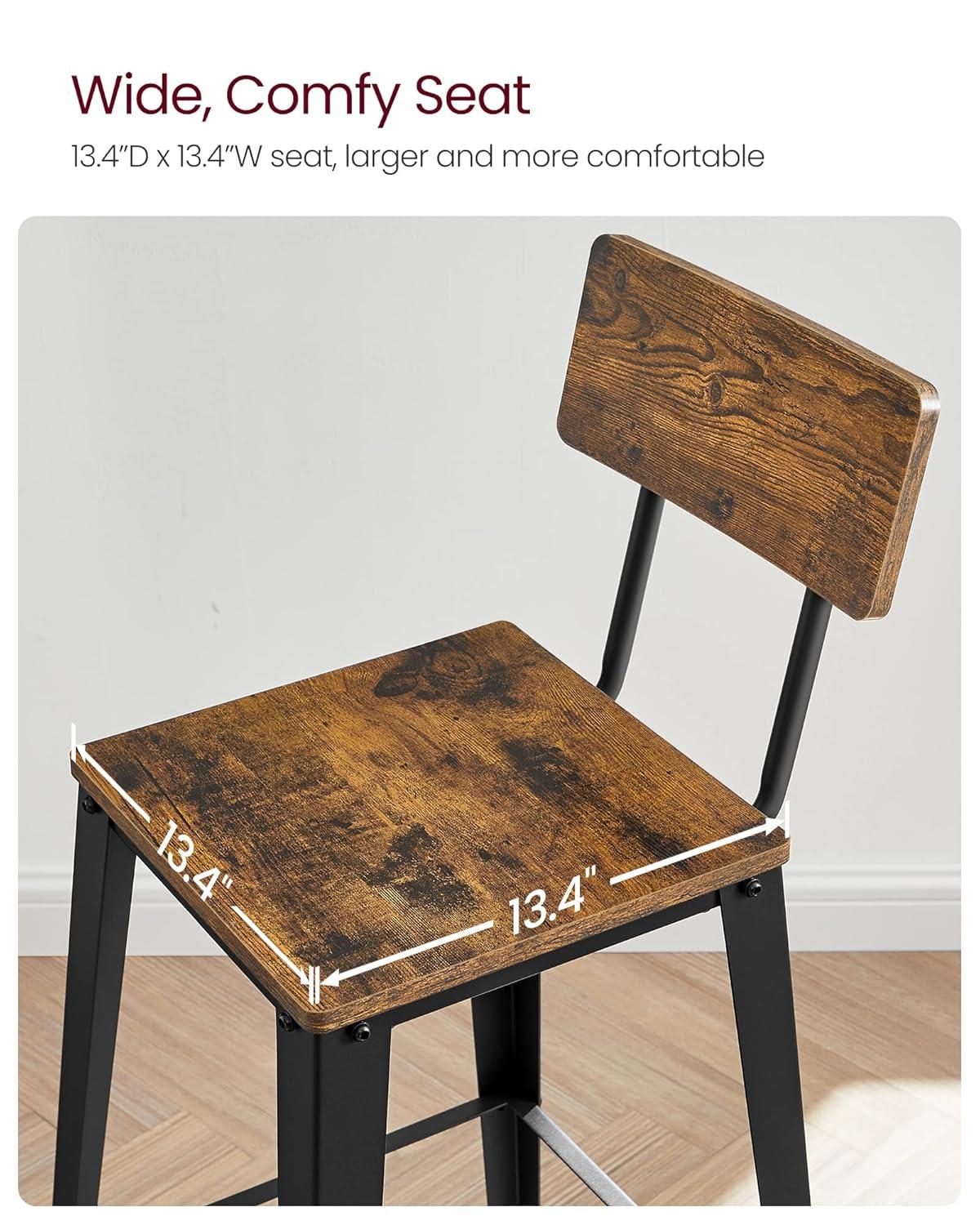 VASAGLE 2 Pack Bar Stools, Bar Height Stools, Tall Bar Stools with Back, Rustic Brown and Black