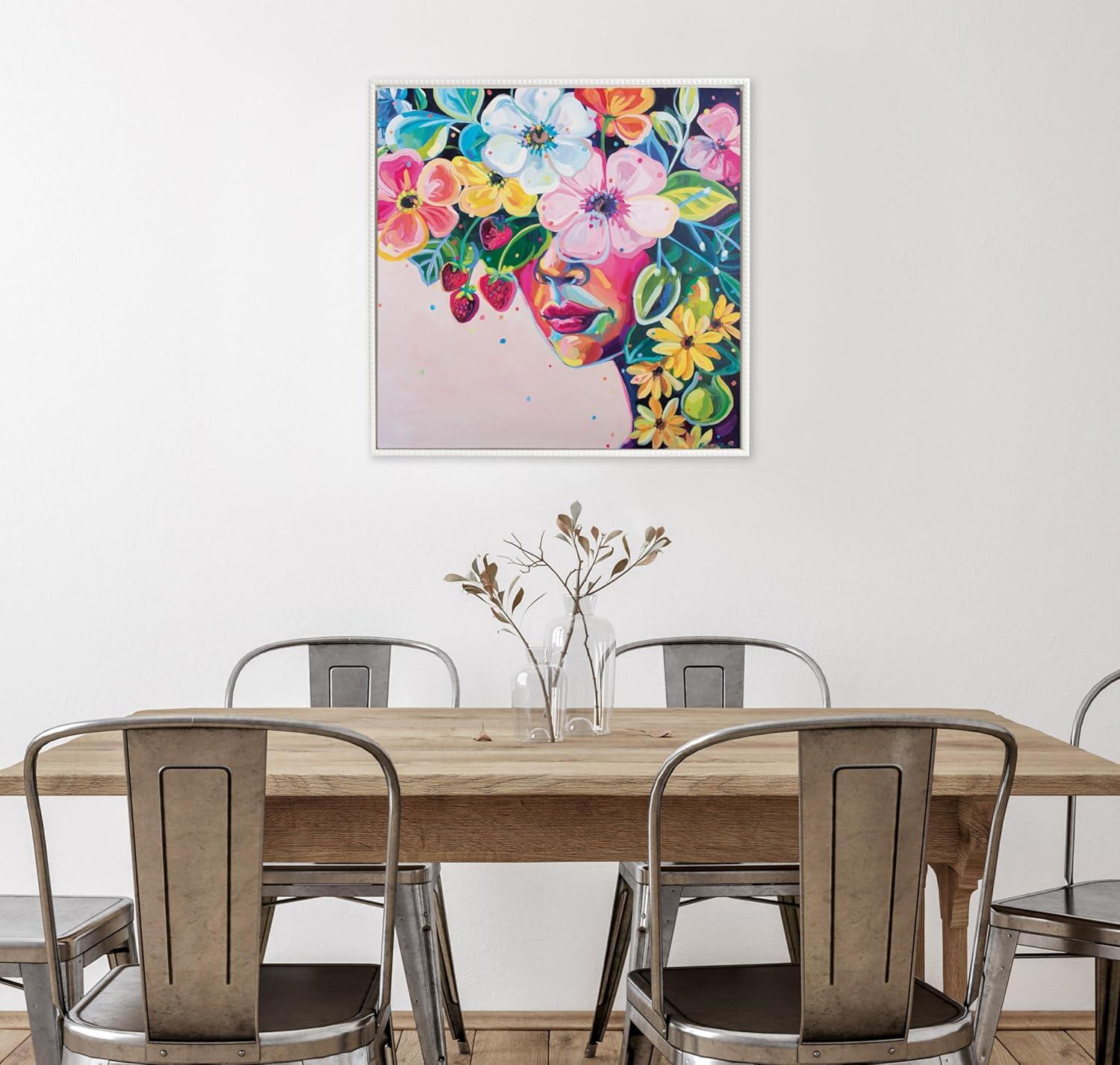 Colorful Flower Crown Art on White Framed Canvas, 30x30