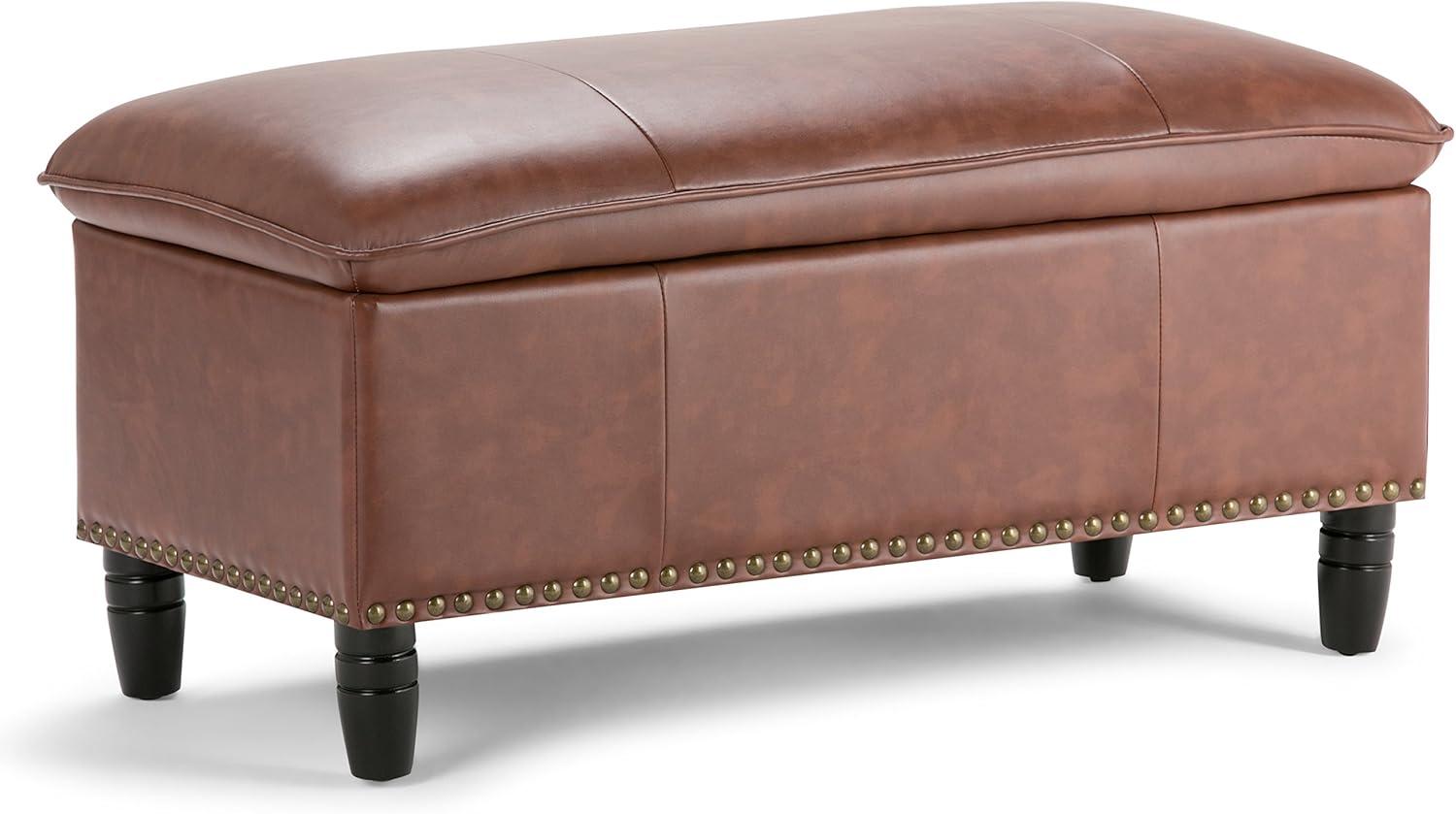 Cognac Faux Leather Pillow Top Storage Ottoman Bench