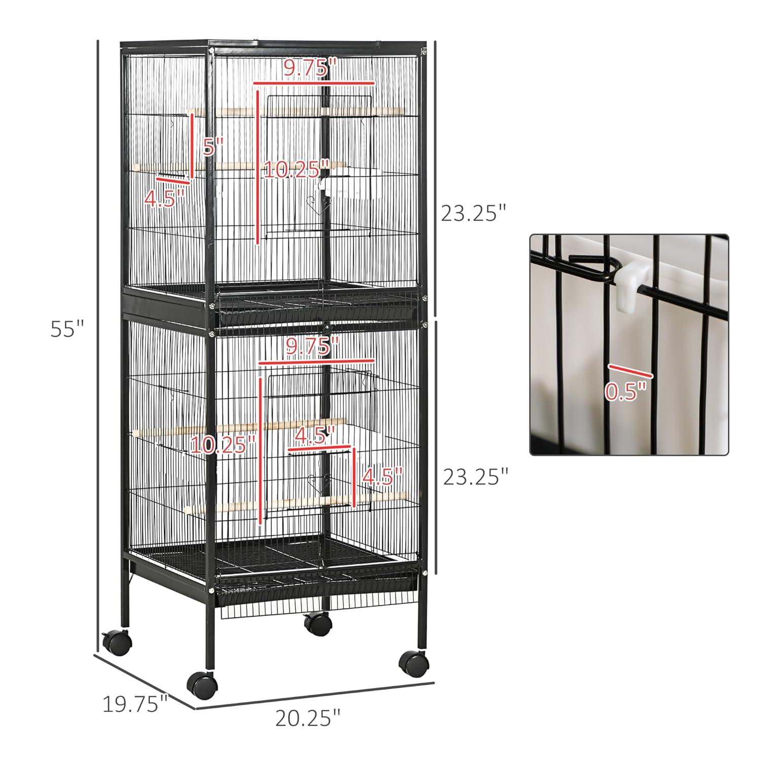 PawHut 55" 2 In 1 Bird Cage Aviary Parakeet House for finches, budgies with Wheels, Slide-out Trays, Wood Perch, Food Containers, Black
