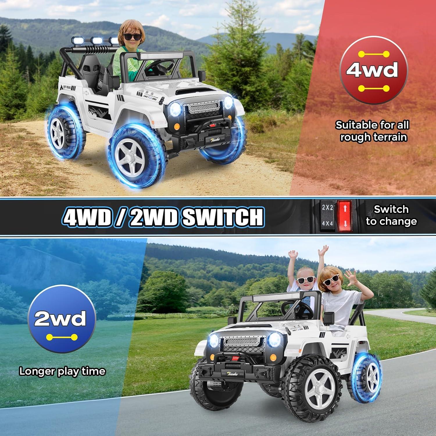 Ancheer Alex 24V 4WD//2WD Ride On Jeep Truck,2 Seater Kids UTV With 4X200w Powerful Engine,Remote Control,Bluetooth,20 Wide Seat,Vehicles for Kids Toddlers