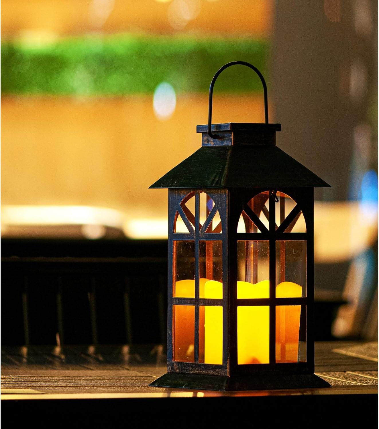 Bronze Antique Solar-Powered LED Lantern with Glass Panels