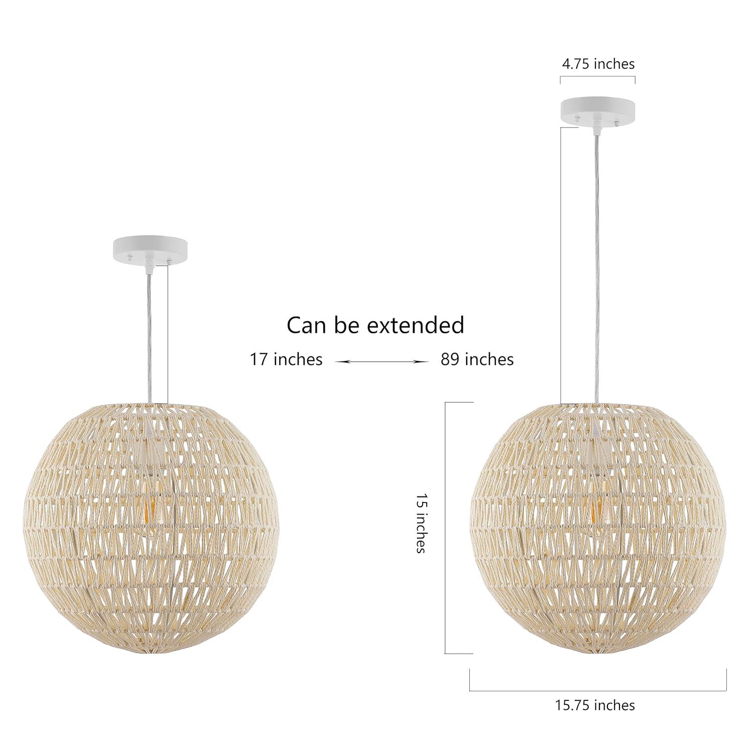 Luna 15.75" 1-Light Bohemian Modern Woven Rattan/Iron LED Pendant, Cream/White