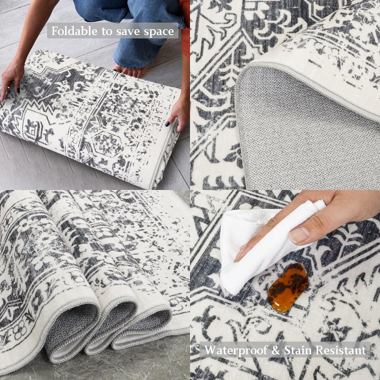 10x14 Large Area Rug - Vintage Washable Rug for Living Room with Non-Slip Low-Pile Traditional Medallion Border Rugs with Stain Resistant Foldable Retro Accent Indoor Thin Carpet