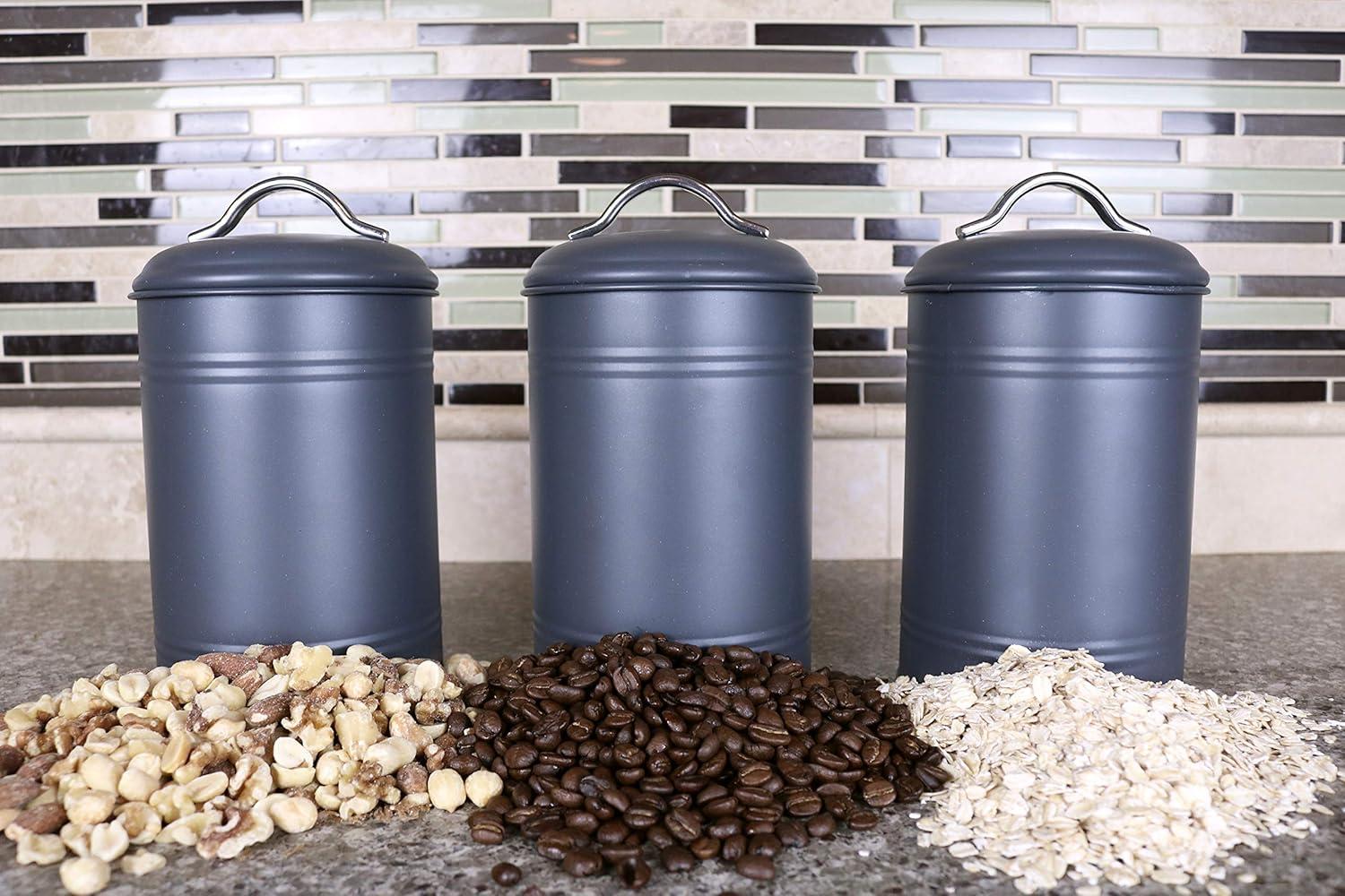 Kitchen Canisters, Set of 3 for Countertop Storage of Coffee, Food, Charcoal Grey Metal, All One-Size, Airtight Lids, Modern Farmhouse Industrial (8 Inches High with Lids, 4.5 Inches Diameter)