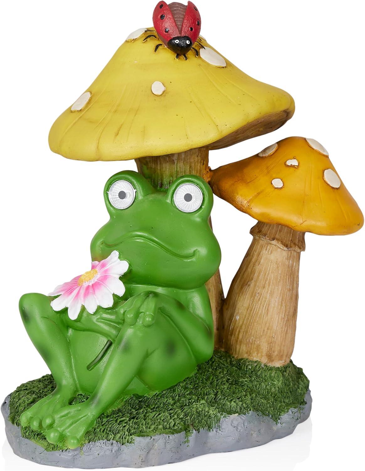 Alpine Corporation Frog Mushroom Statue With Solar: Whimsical Garden Decor, Polyresin, Ambient Glow