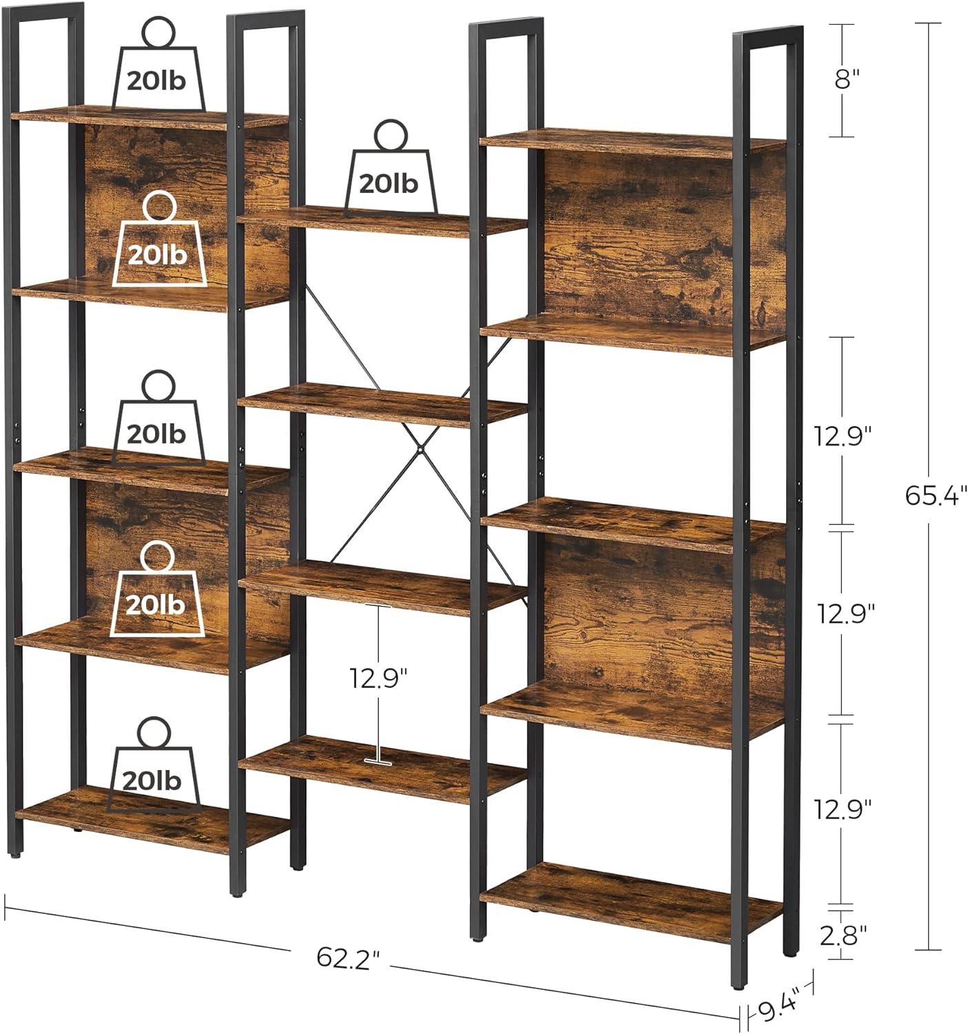 VASAGLE 5 Tier Large Bookcases and Bookshelves Triple Wide Bookshelf with 14 Storage Shelves Living Room Study Office Industrial Style Rustic Brown and Black