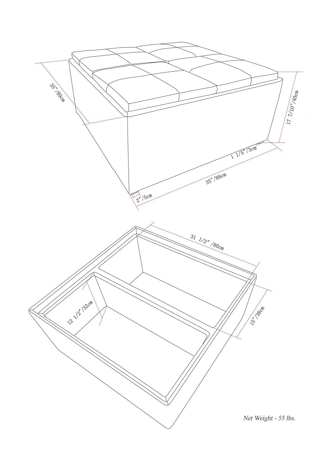 Simpli Home Avalon 35"W Upholstered Square Coffee Table Storage Ottoman with Flip-Over Trays