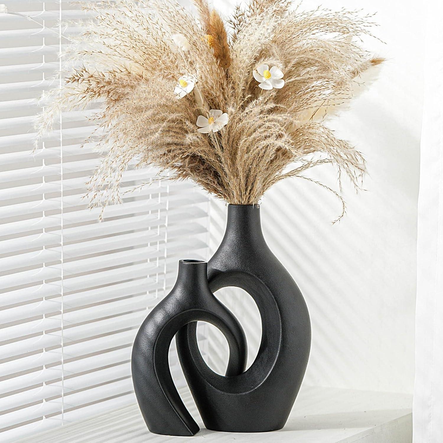 XL Black Ceramic Donut Vases Set of 2 for Modern Decor