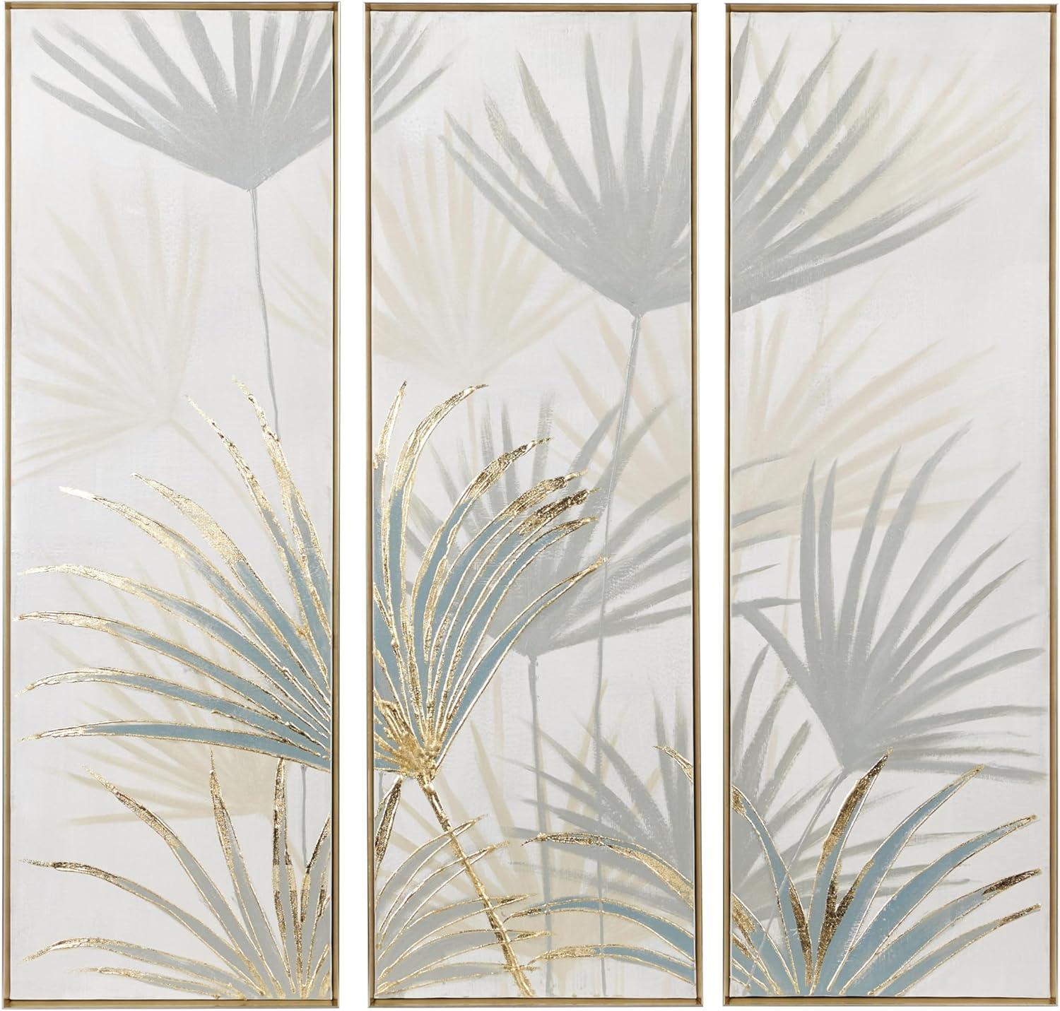 16" x 47" Handmade Palm Leaf Framed Wall Art with Gold Frame, by DecMode (3 Count)