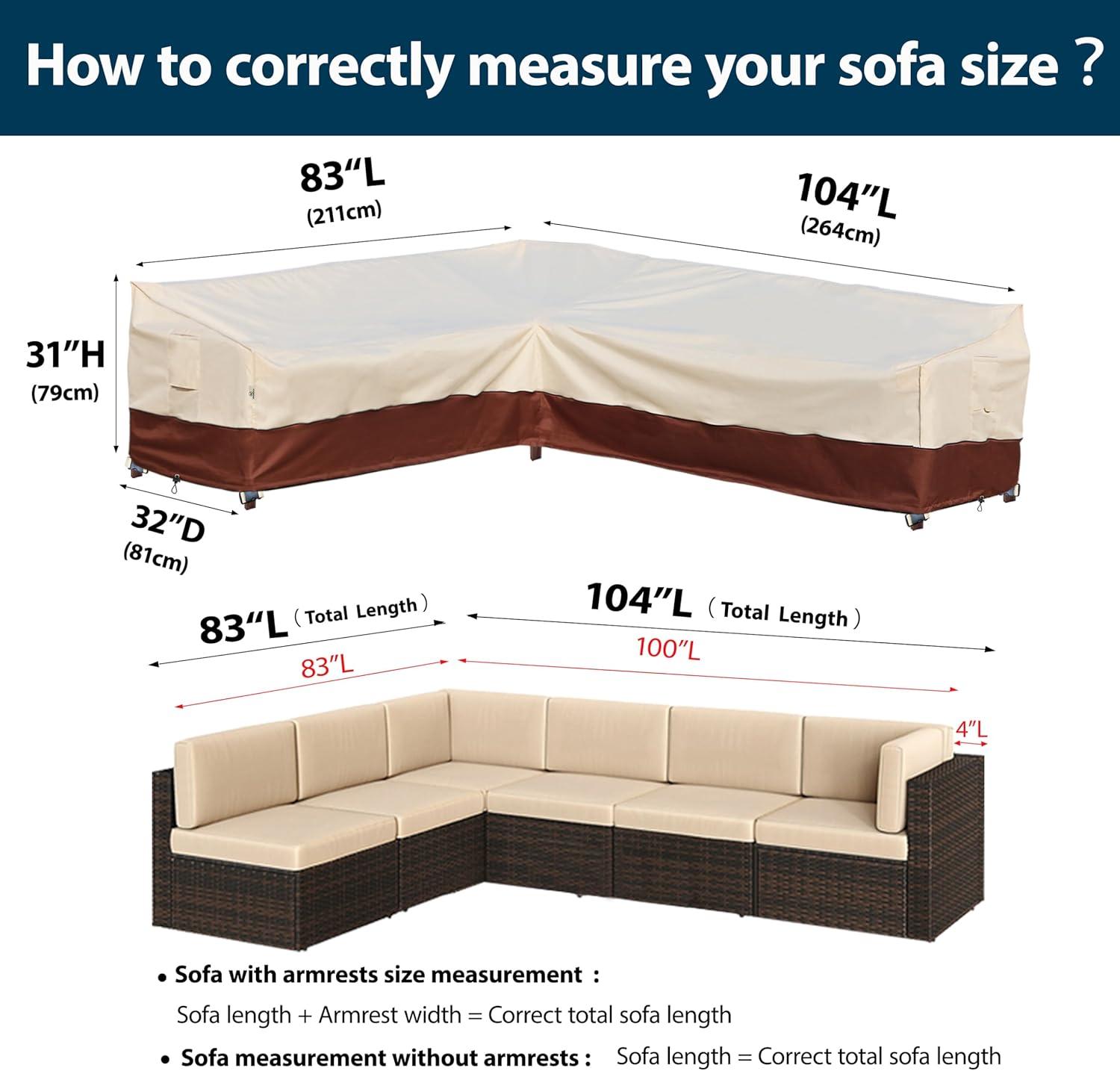 Outdoor Sectional Cover-V-Shaped Garden Patio Furniture Covers Waterproof Rip-Stop Anti-UV 600D Heavy Duty Outdoor Couch Cover with 3 Air Vents Sofa Cover 85''L 33.5''D 31''H,Beige & Reddish Brown