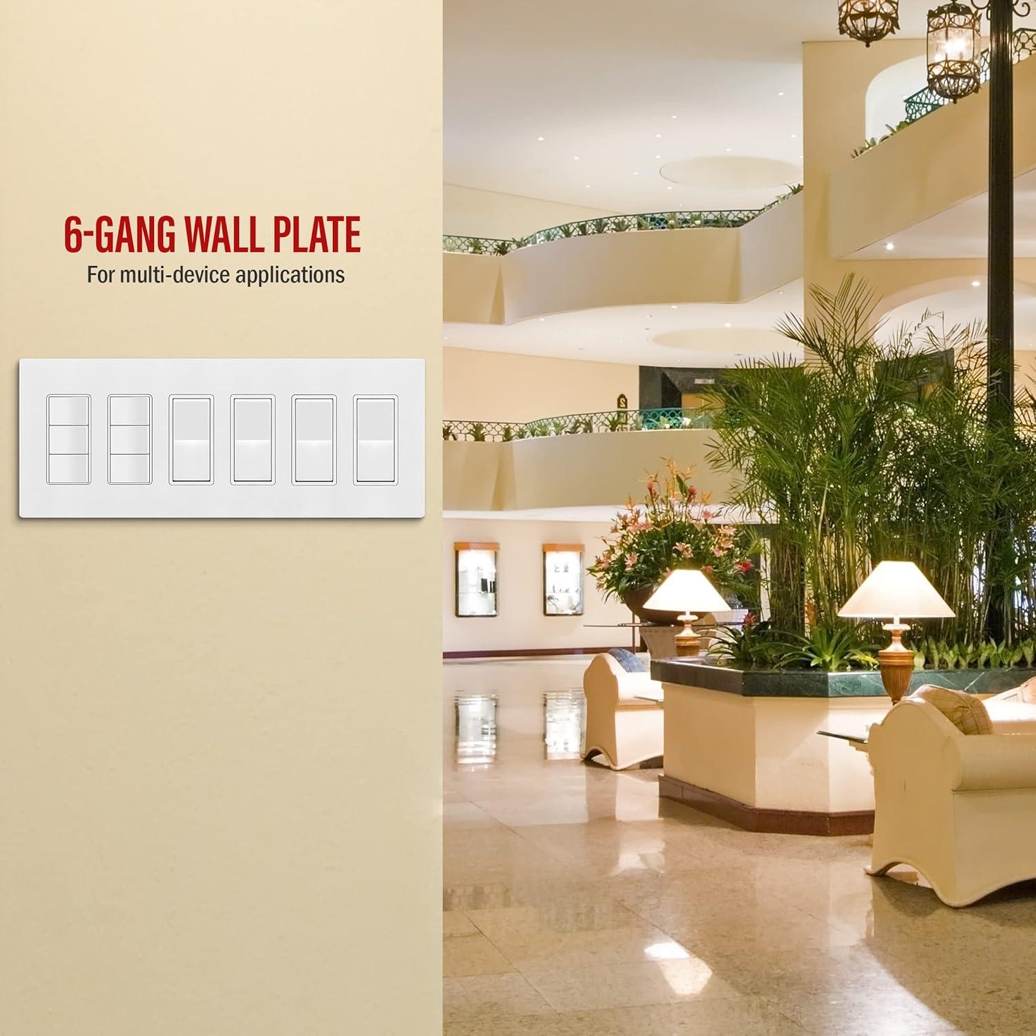 ENERLITES Screwless Decorator Wall Plate, Child Safe Outlet Covers, 6-Gang, Unbreakable Polycarbonate Thermoplastic, SI8836-W, Glossy, White