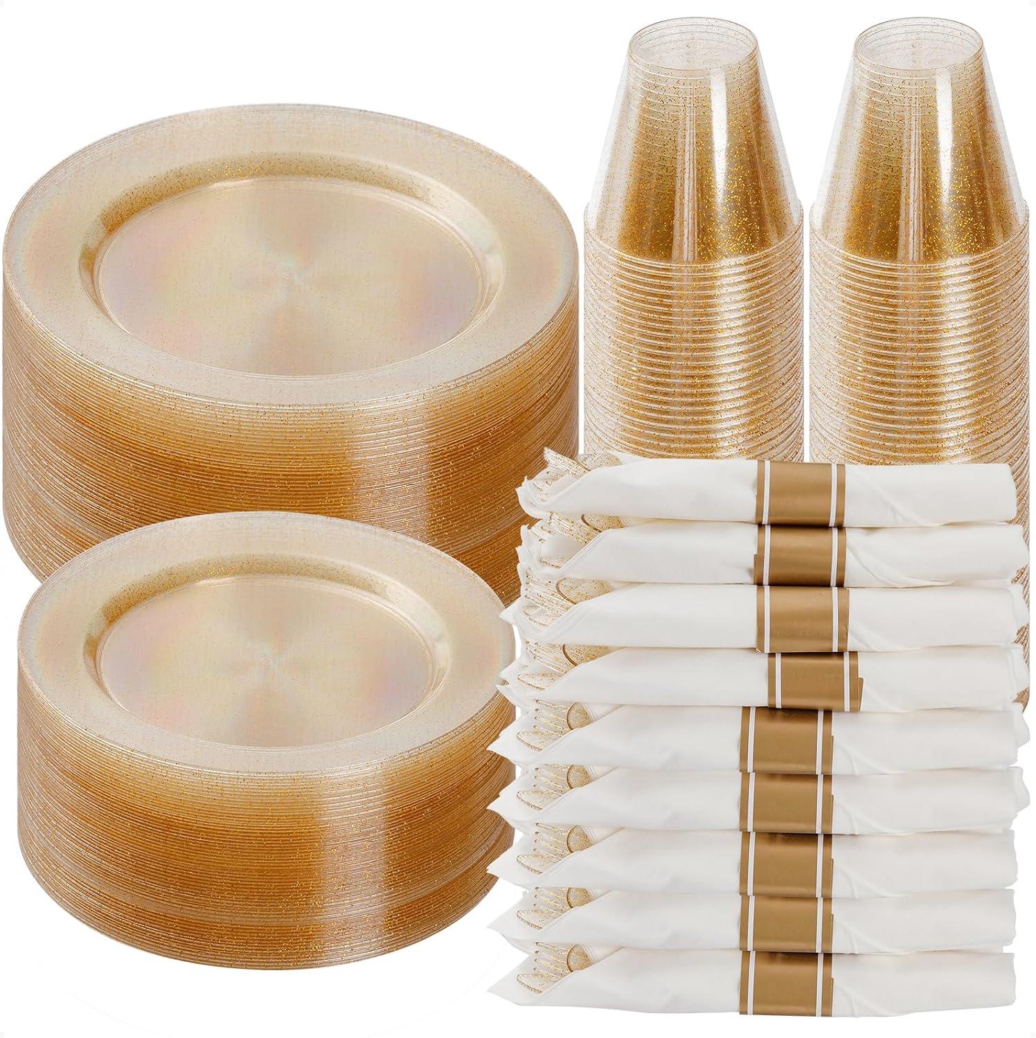MODERN WALLS LLC 350 Pieces Gold Glitter Dinnerware Set 50 Guest For Party- 50 Dinner Plates, 50 Dessert Plates -50 Per Rolled Napkins With Gold Cutlery - 50 Disposable Cups 9 OZ