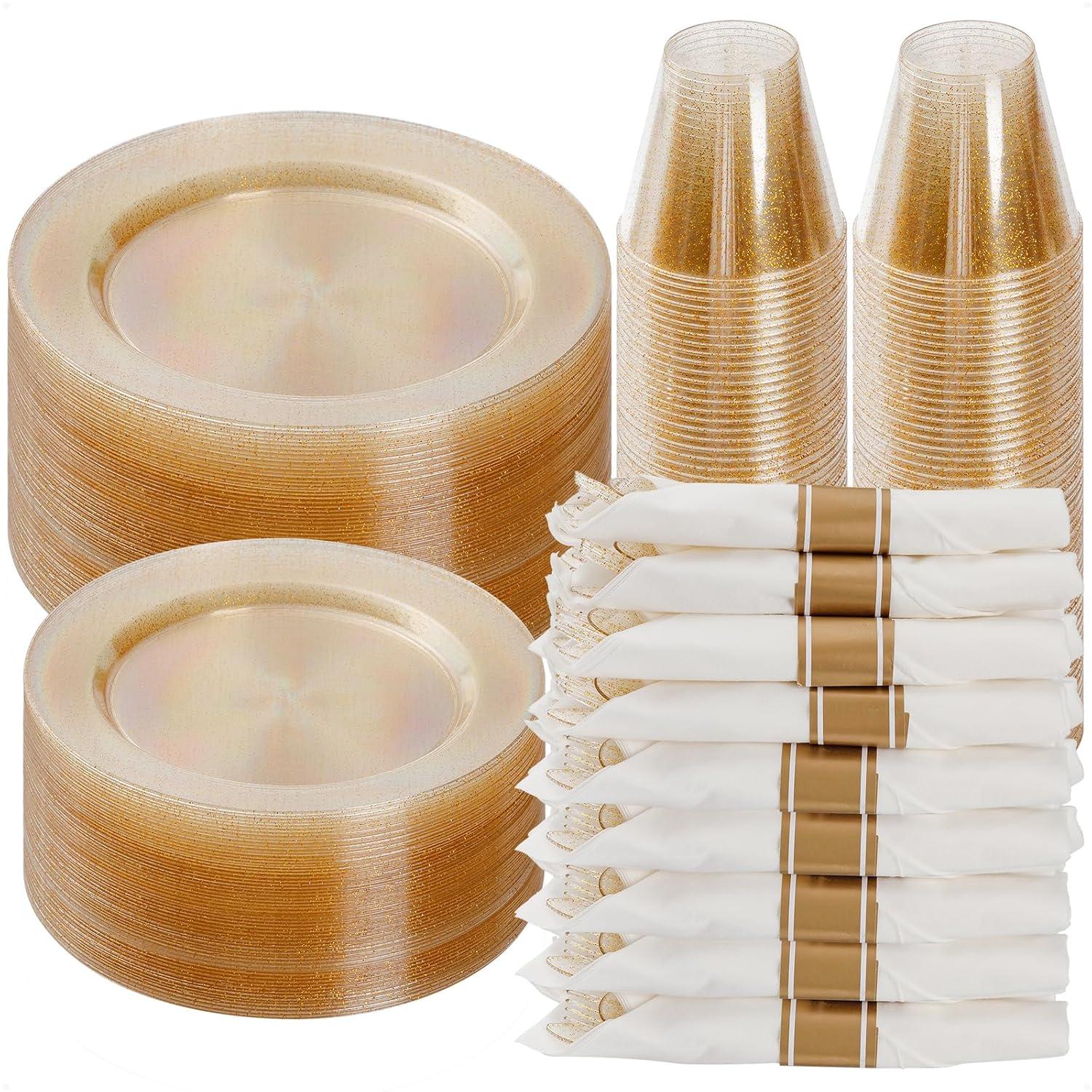 MODERN WALLS LLC 350 Pieces Gold Glitter Dinnerware Set 50 Guest For Party- 50 Dinner Plates, 50 Dessert Plates -50 Per Rolled Napkins With Gold Cutlery - 50 Disposable Cups 9 OZ
