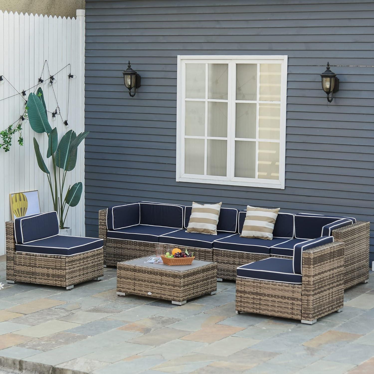 Outsunny 7-Piece Patio Furniture Set, Outdoor Wicker Conversation Set, All Weather PE Rattan Sectional Sofa w/ Faux Wood Table, Stripe Pillows, Beige