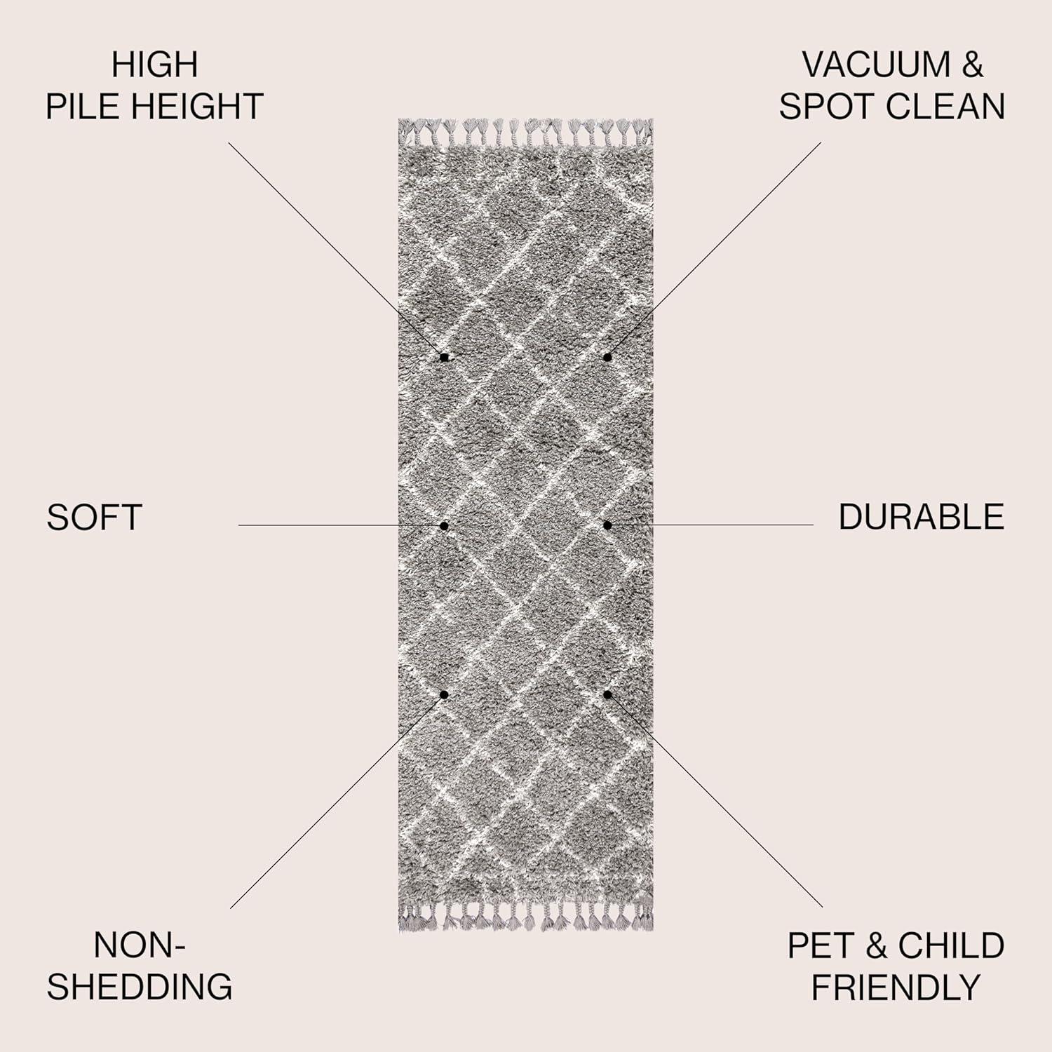 2'x8' Mercer Shag Plush Tassel Moroccan Geometric Trellis Area Rug, Grey/Cream - JONATHAN Y