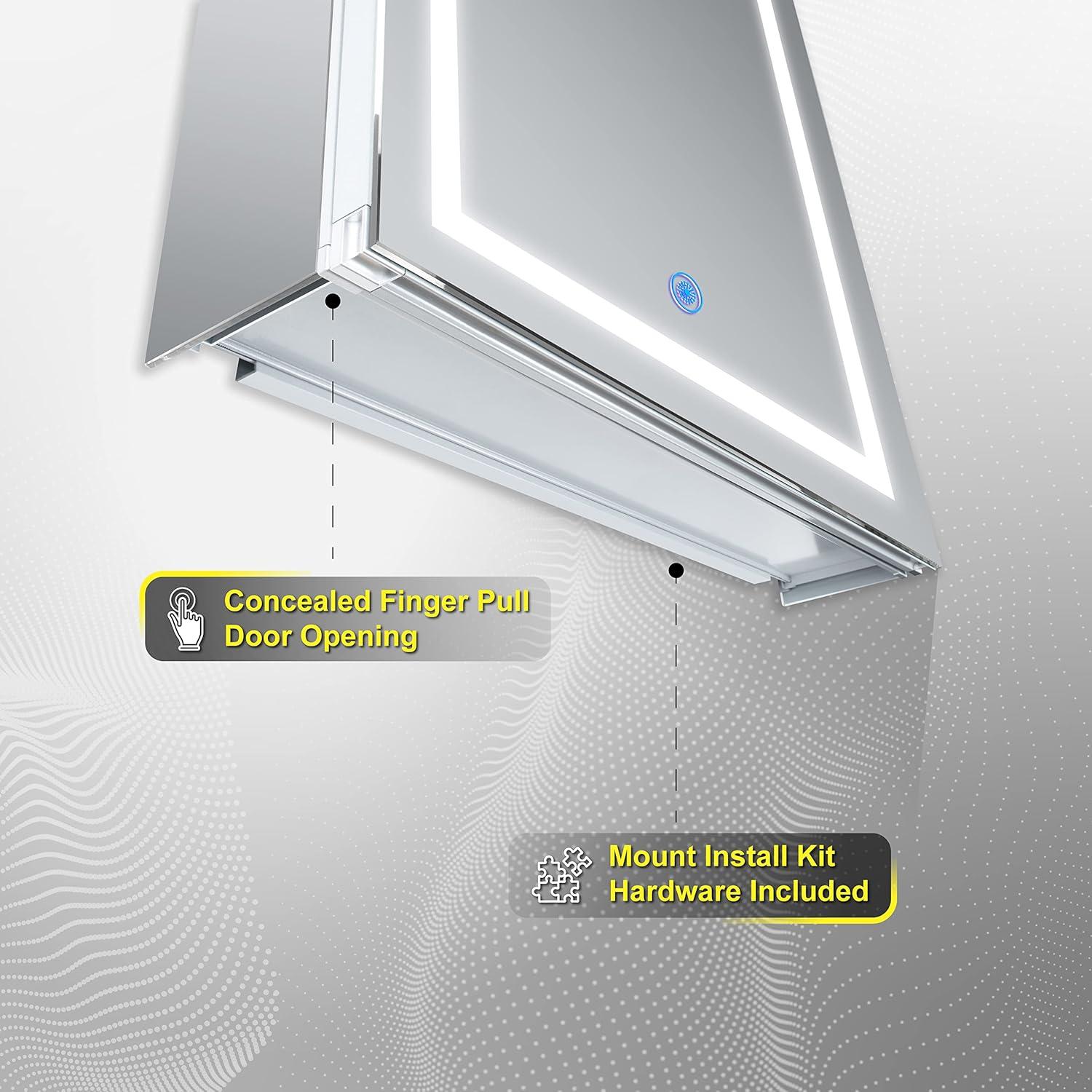 DECADOM LED Mirror Medicine Cabinet Recessed or Surface, Dimmer, Clock, Room Temp Display, Dual Outlets (Duna 24x32 RT)
