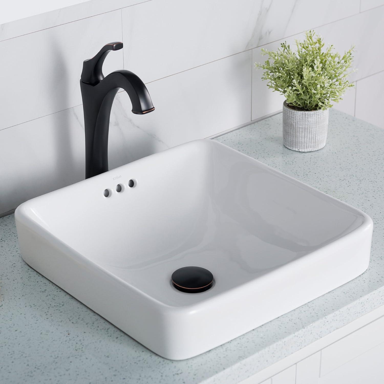 Elavo White Ceramic Square Drop-in Bathroom Sink with Overflow