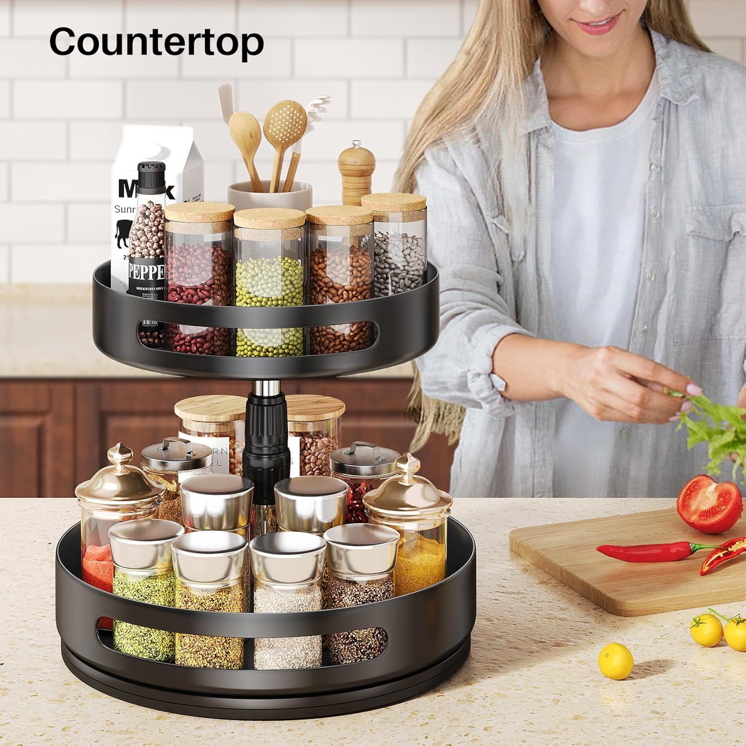 Lazy Susan Spice Rack Organizer for Cabinet - 2 Tier Height Adjustable Seasoning Organizer Metal Lazy Rotating Turntable Spice Organization for Table Top Pantry Kitchen Counter Storage (10 inch)