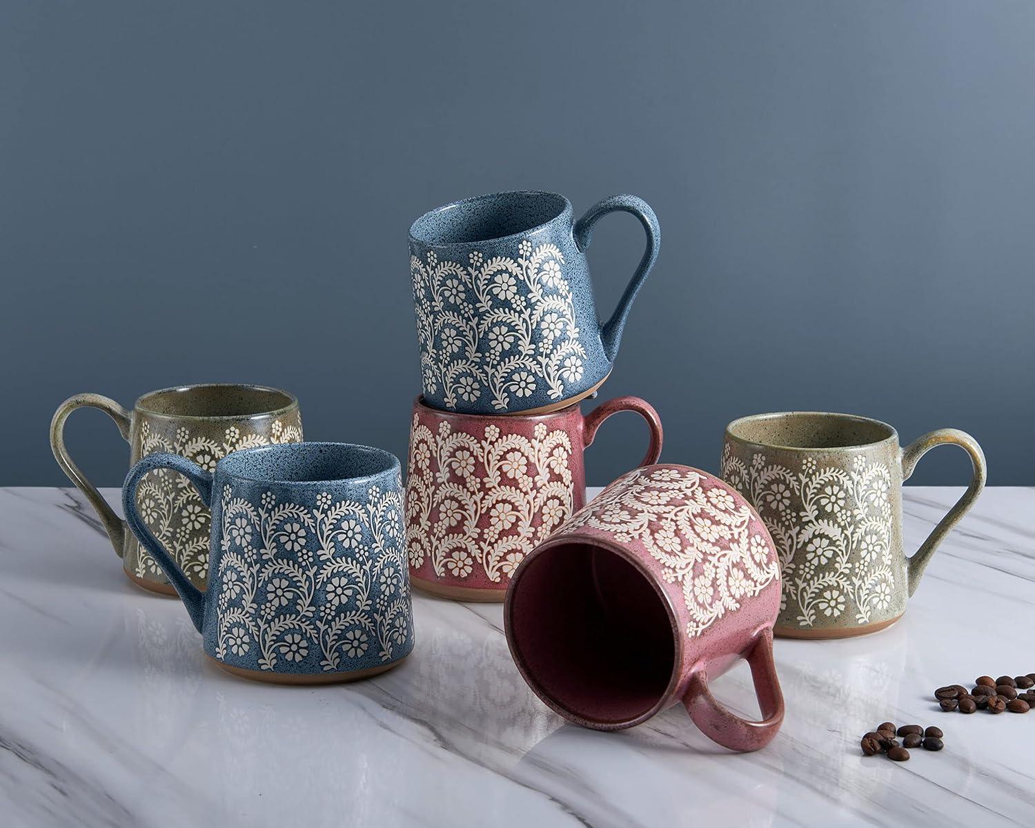 Set of 6 Blue, Red, and Green Ceramic Floral Mugs