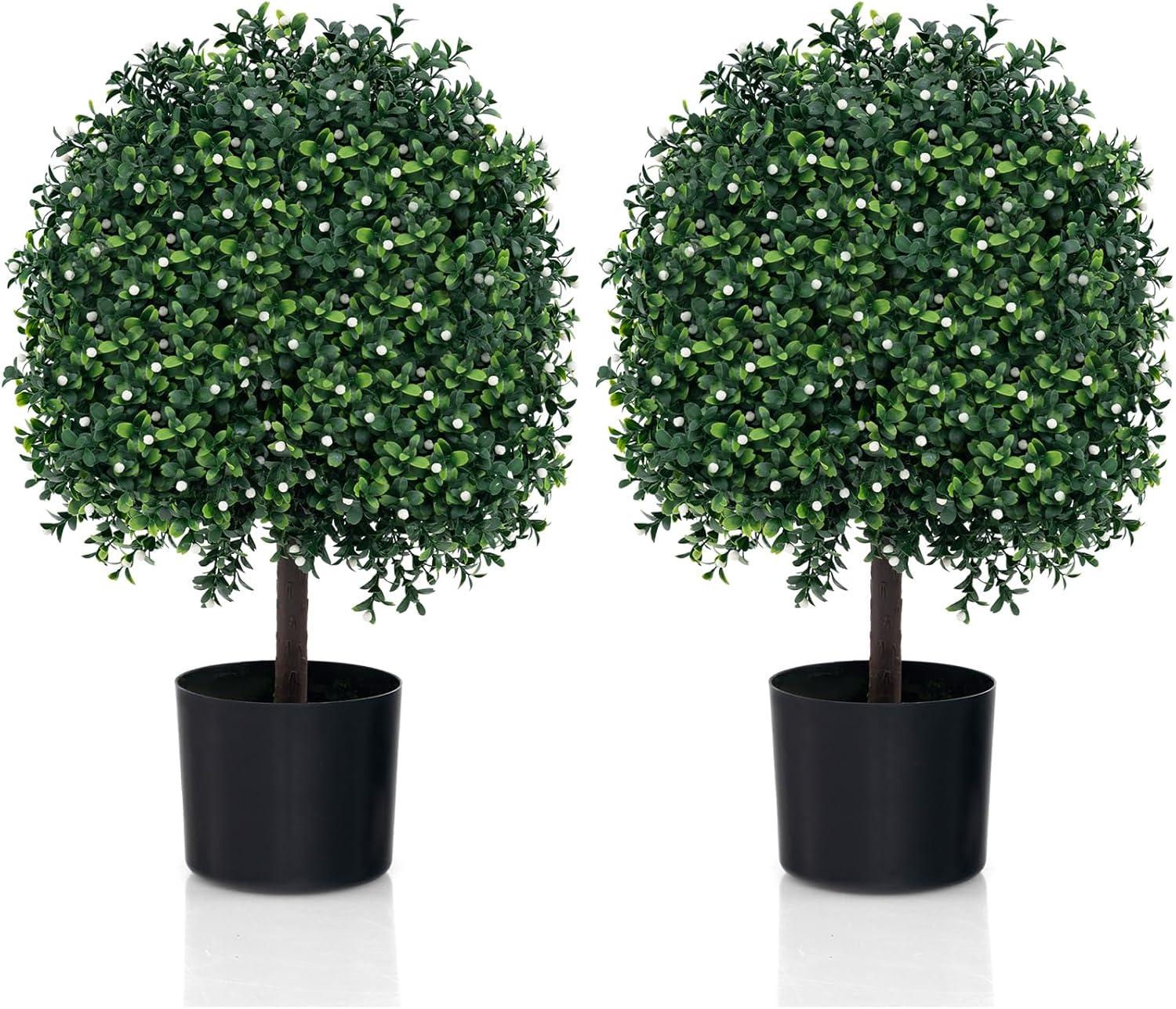 22’’ Faux Boxwood Topiary Ball Tree Set of 2, Artificial Plants Outdoor Weather Resistant, Cement-Filled Potted Bushes, Evergreen Topiary Trees Artificial for Porch Decoration Indoor Outdoor