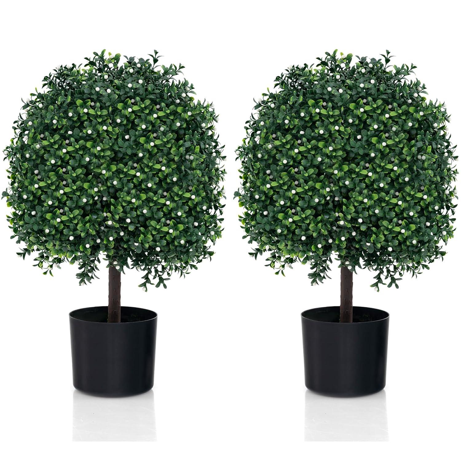 22’’ Faux Boxwood Topiary Ball Tree Set of 2, Artificial Plants Outdoor Weather Resistant, Cement-Filled Potted Bushes, Evergreen Topiary Trees Artificial for Porch Decoration Indoor Outdoor