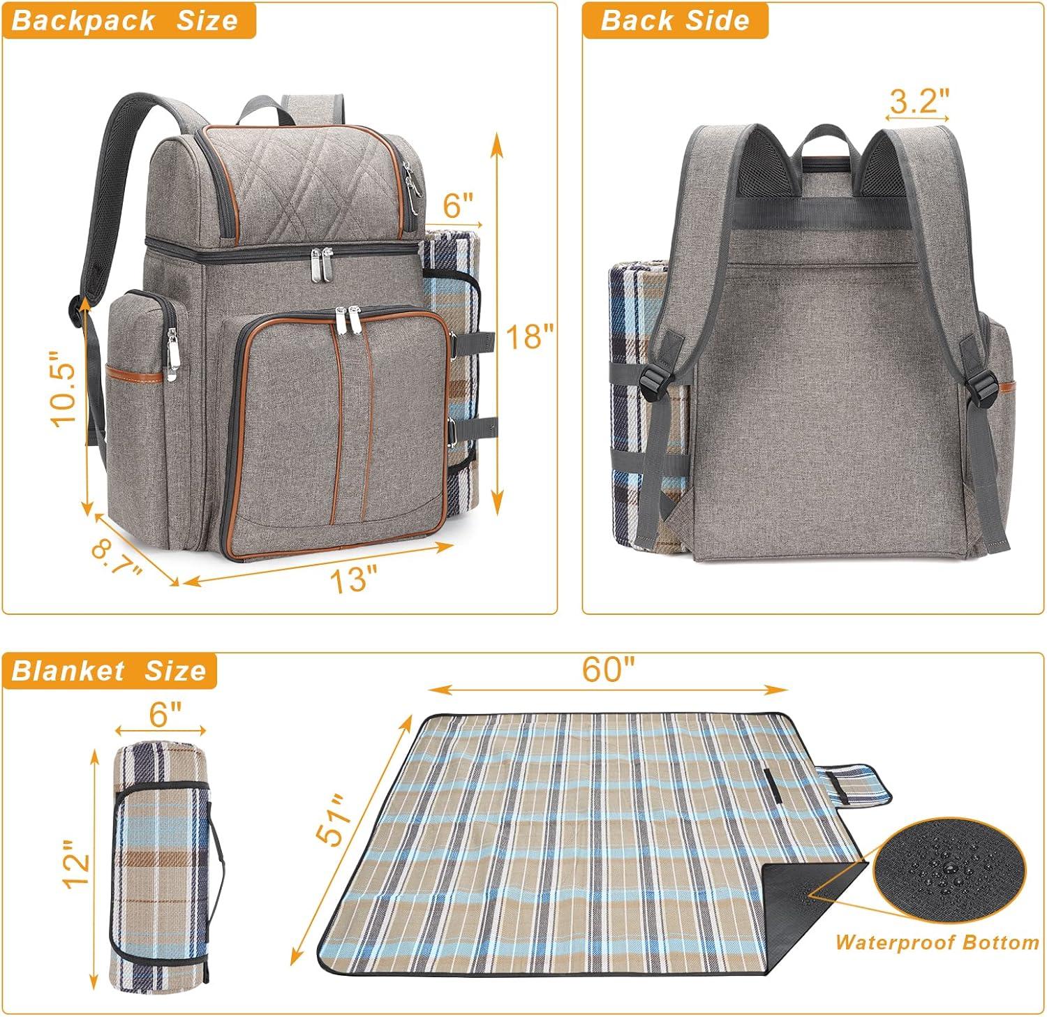 Gray Insulated Picnic Backpack with Tableware Set and Blanket