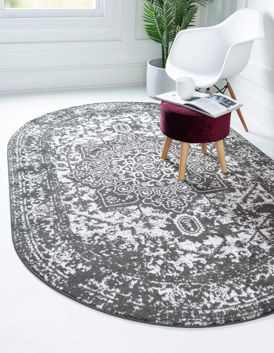 Arlington Dark Gray Oval Medallion Synthetic Area Rug 5' x 8'