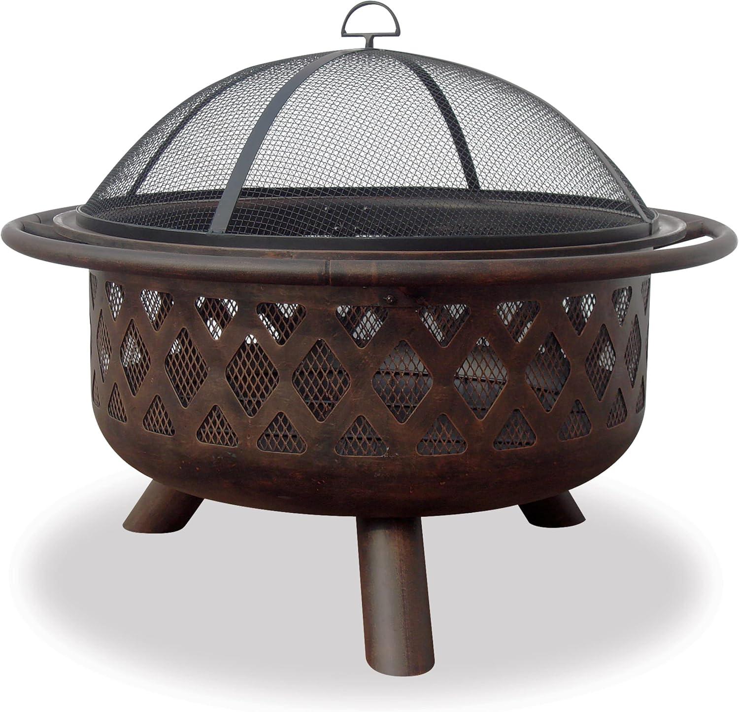 Endless Summer Round Wood Burning Outdoor Fire Pit with Lattice Design Brown: Deep Bowl, Mesh Spark Guard, Portable