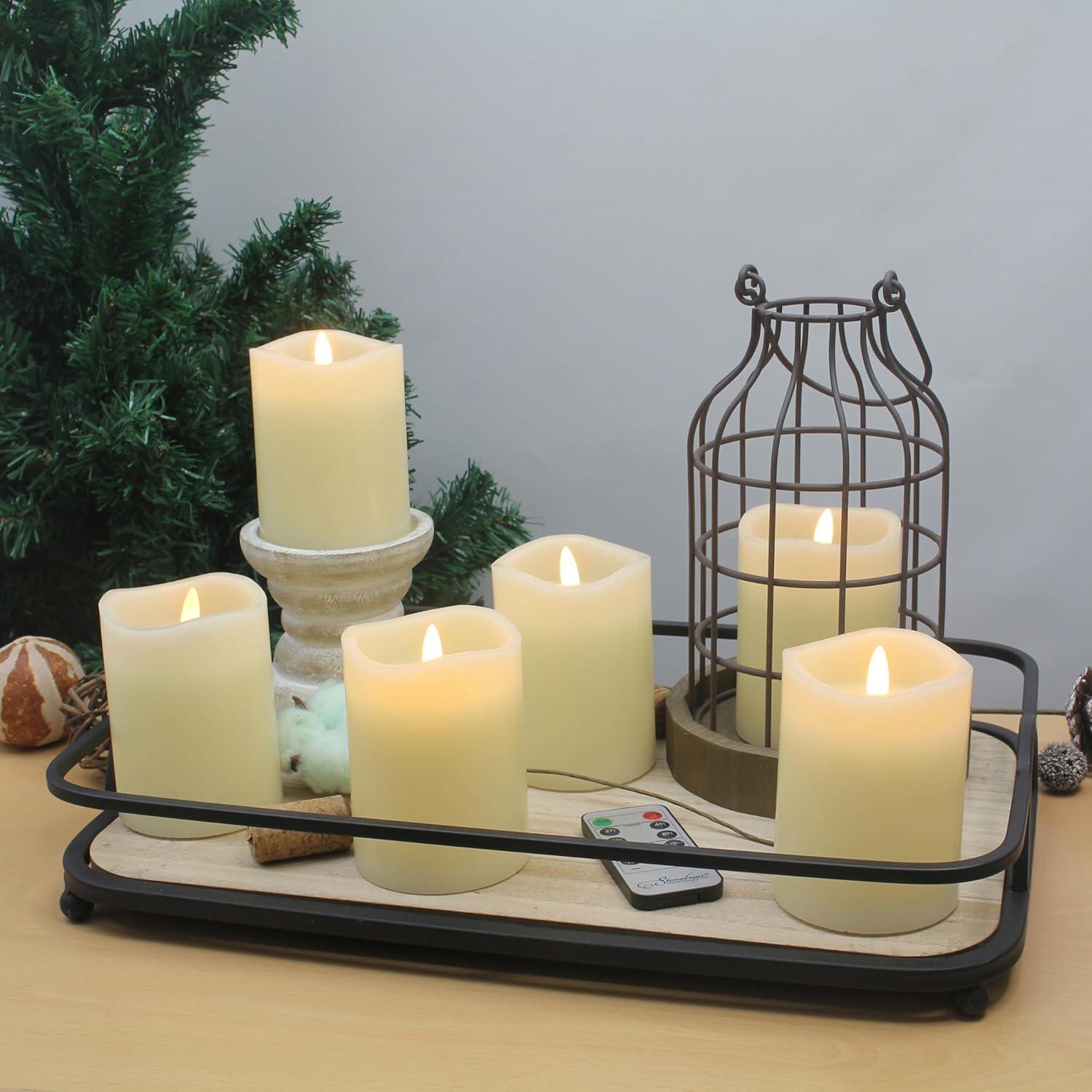 Stonebriar Flameless LED 3"x 4" off-White Real Wax Pillar Candle with Timer and Remote, 6 Pack