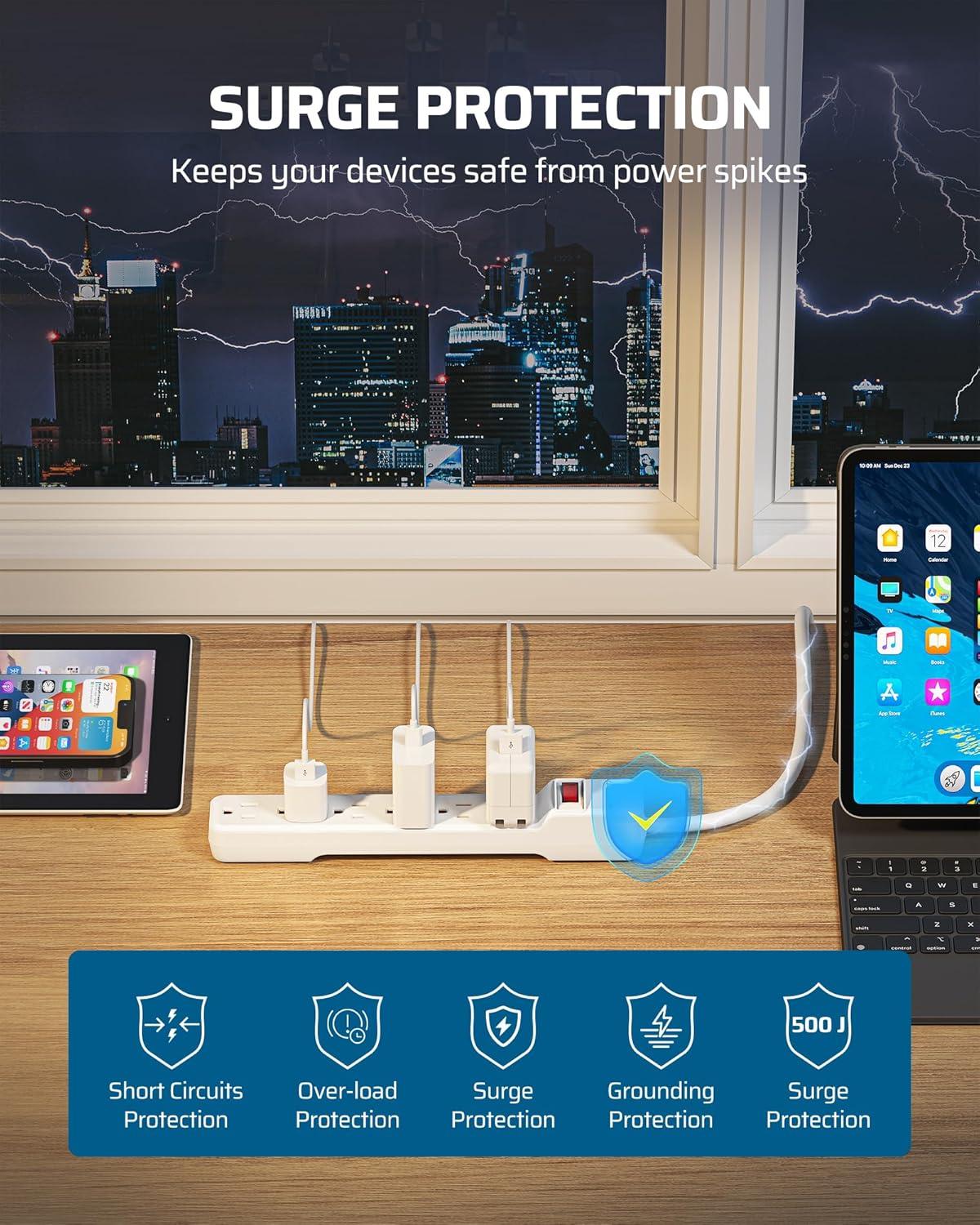 DEWENWILS 6-Outlet Power Strip Surge Protector, 15ft. Extra Long Extension Cord, 500 Joules, Flat Plug, White