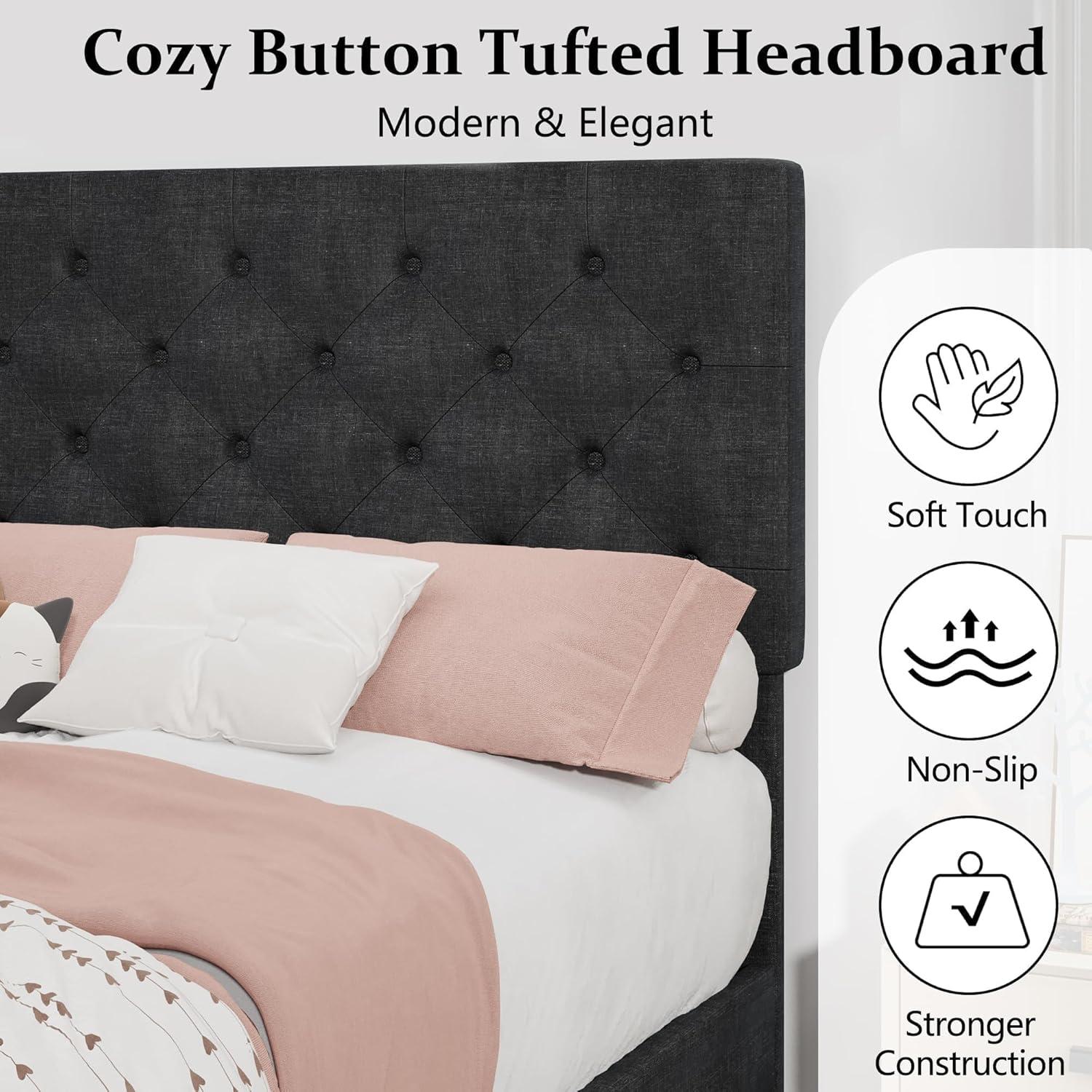 King Size Bed Frame, Upholstered Platform Bed Frame King with Button Tufted Headboard, Wooden Slats Support, No Box Spring Required, Easy Assembly, Navy Blue