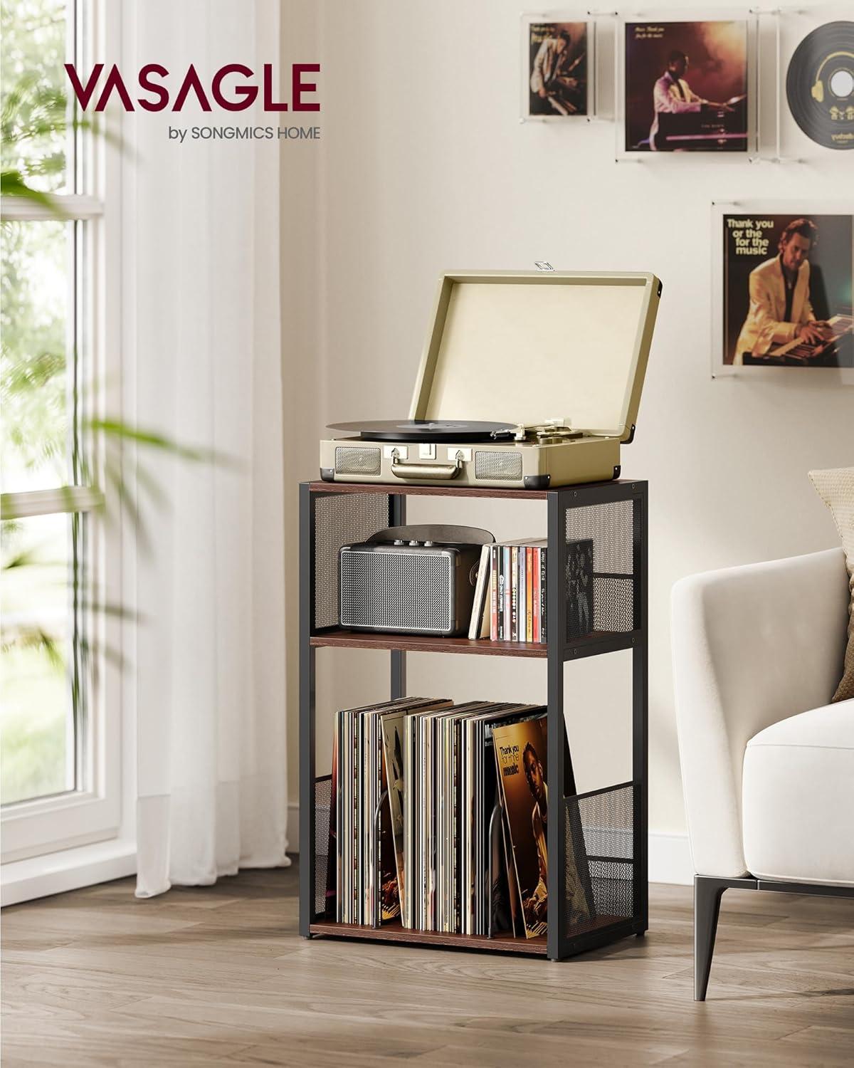 VASAGLE Record Player Stand, 3-Tier Side Table, Vinyl Record Storage up to 100 Albums, End Table for Living Room, Bedroom, Rustic Brown ULET275K01