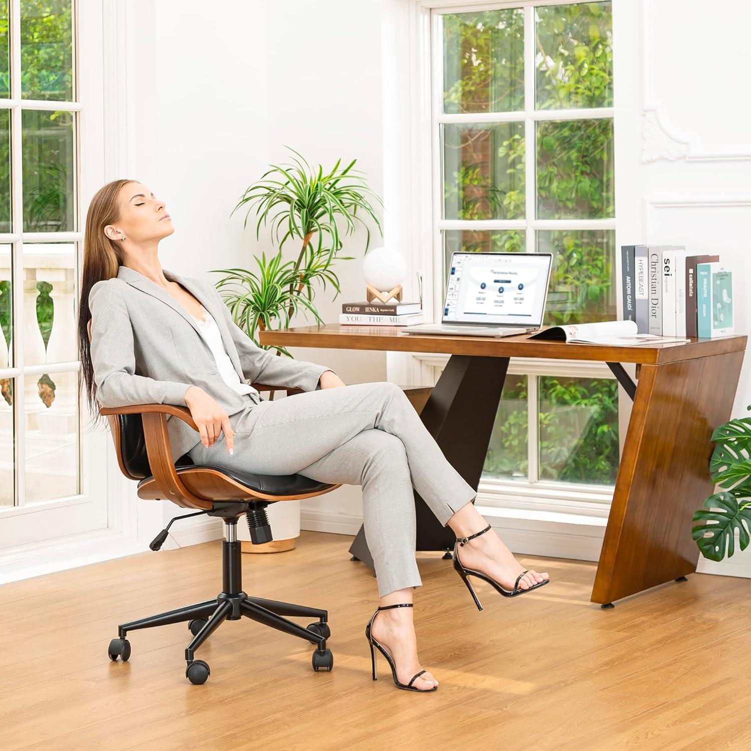 Glitzhome Leather Home Office Chair with Arm, Mid-Back Adjustable Executive Swivel Desk Task Chair,Beige