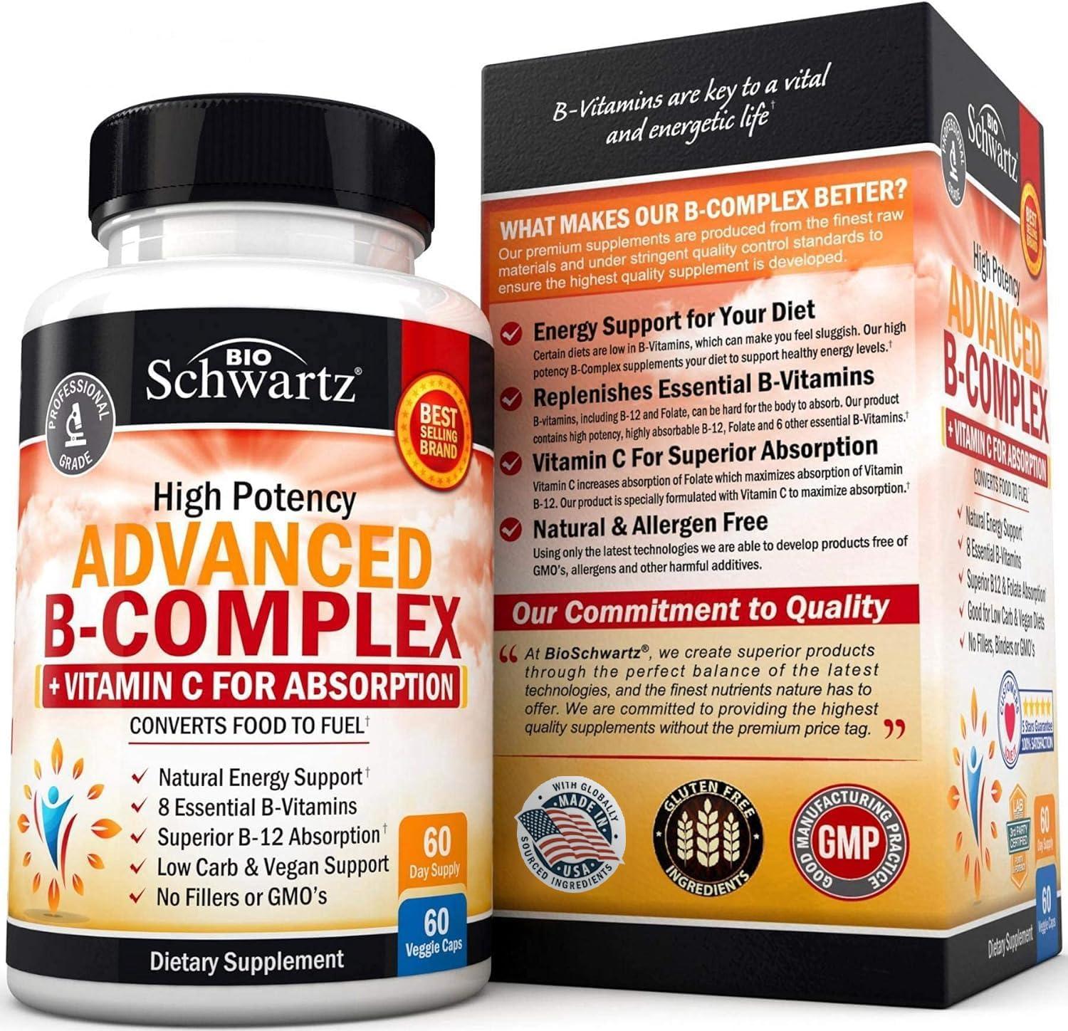 Advanced B-Complex Capsules, Low Carb & Vegan Diet Support, Bioschwartz, 60ct