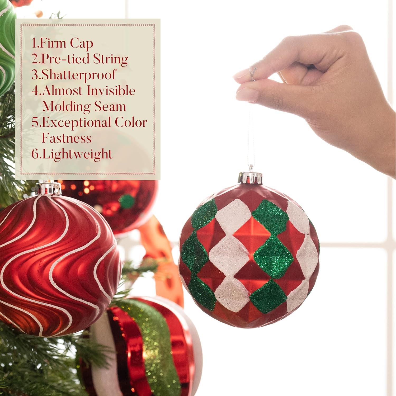 Christmas Tree Ornaments Set, 9Ct Red Green White Shatterproof Christmas Tree Decorations Bulk, 3.94 Inch Whimsical Large Hanging Ball Ornaments For Xmas Trees Holiday Party Decor