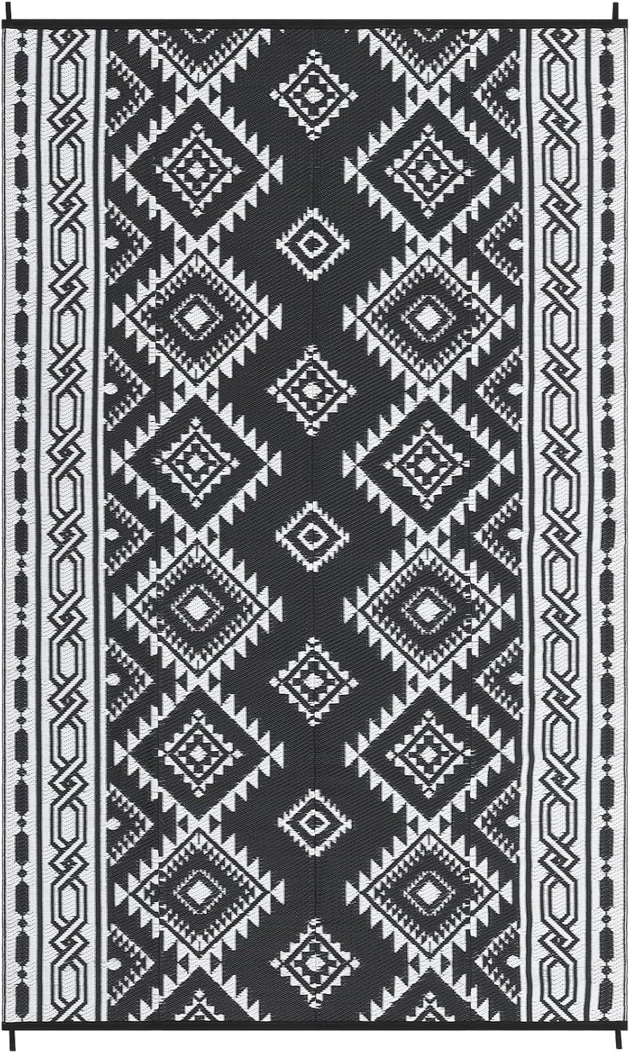 Reversible Mats, Plastic Straw Rug, Modern Area Rug, Large Floor Mat for Outdoors, RV, Patio, 9*12ft/black white: UV Protected, Quick Dry, All-Weather