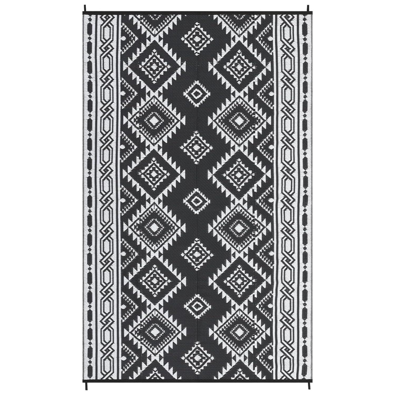 Reversible Mats, Plastic Straw Rug, Modern Area Rug, Large Floor Mat for Outdoors, RV, Patio, 9*12ft/black white: UV Protected, Quick Dry, All-Weather