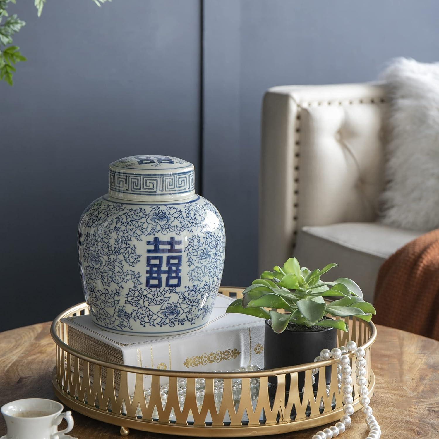 A&B Home Blue and White Ceramic Ginger Jar with Lid Ancient Chinese Oriental Style Multi Purpose 7.9" x 7.9" x 9.4"