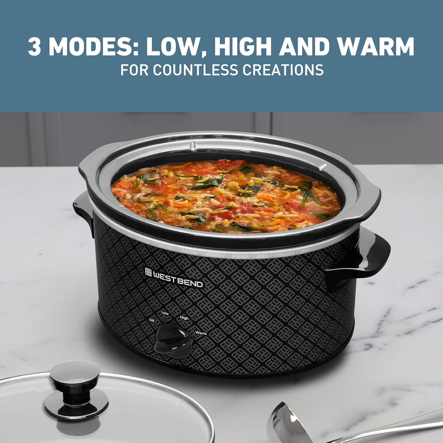 West Bend Slow Cooker 4-Quart Manual Crockery Style with Oval Ceramic Crockpot and Glass Lid, 210-Watts, Black