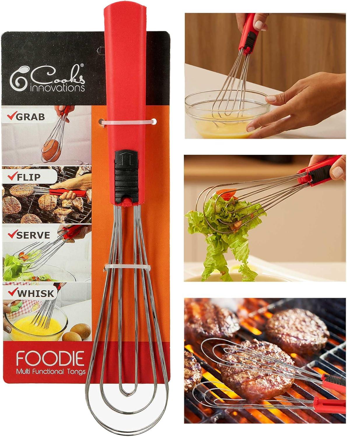 Cooks Innovations Foodie Tongs for Cooking - Dishwasher Safe 6-In-1 Kitchen Gadget - Red