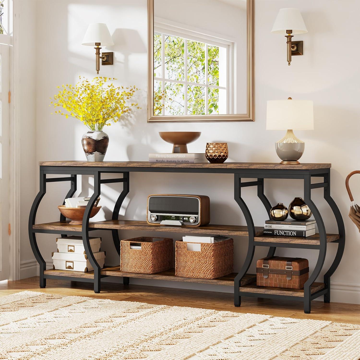 63'' Rustic Wood and Metal 3-Tier Console Table with Storage Shelves