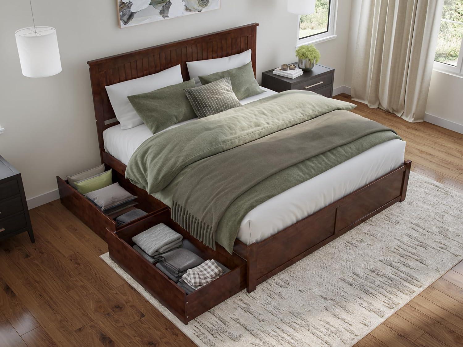 AFI Nantucket King Wood Platform Bed with Footboard and Storage Drawers, Walnut