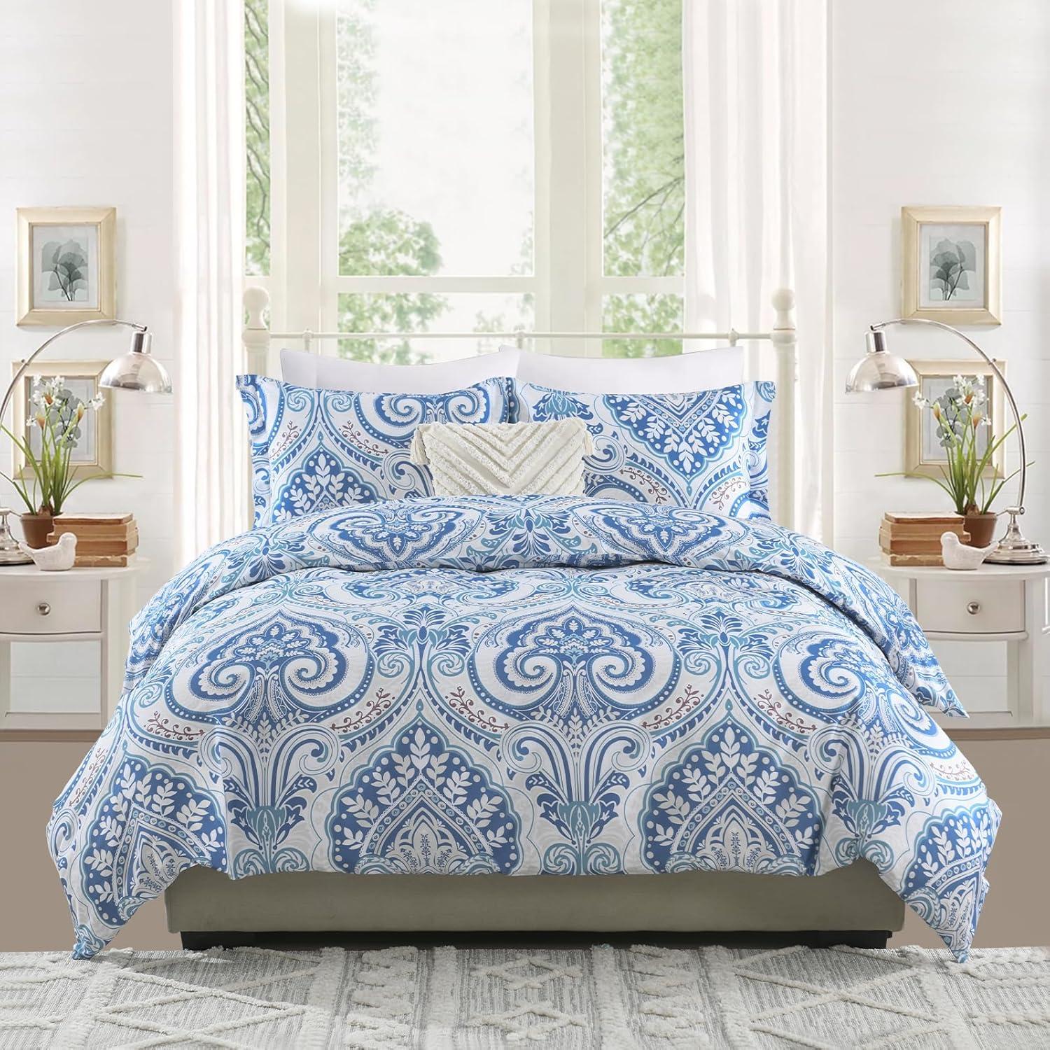 Blue and White Damask Queen Size Microfiber Duvet Cover Set