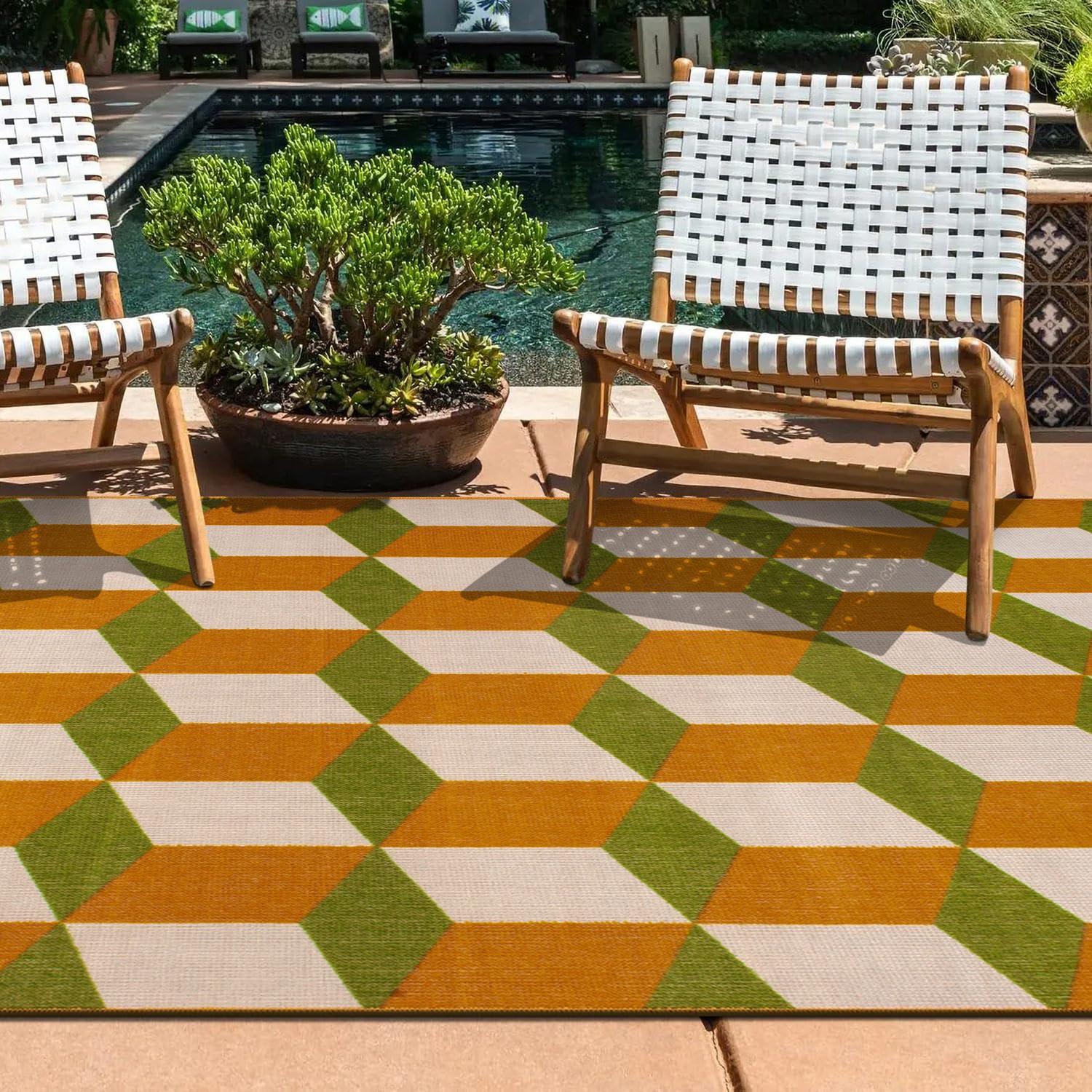 World Rug Gallery Contemporary Geometric Flatweave Indoor/Outdoor Area Rug - ORANGE 5' X 7':  Quick Dry,  UV Resistant